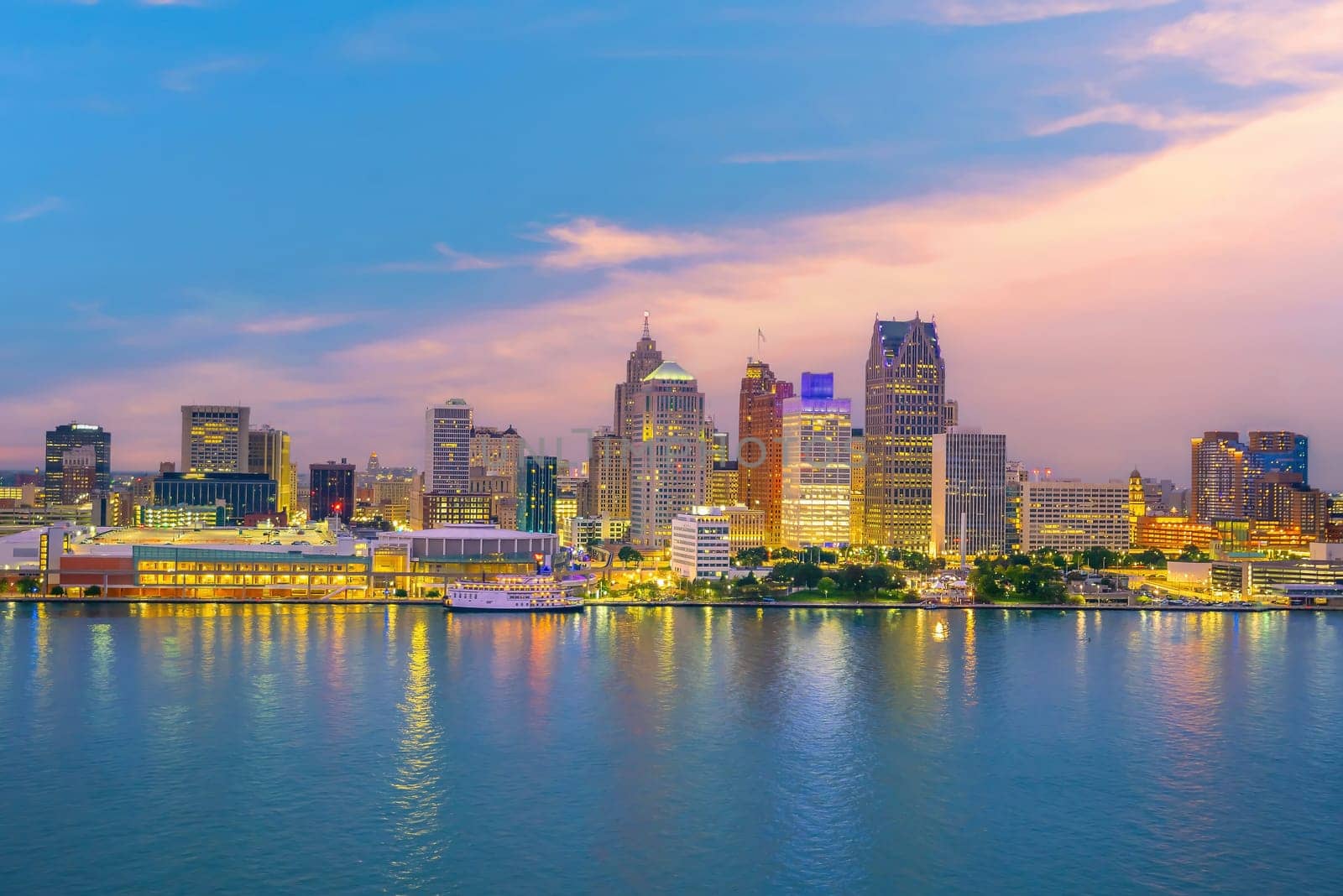 Detroit skyline in Michigan, cityscape of USA at sunset shot from Windsor, Ontario Canada