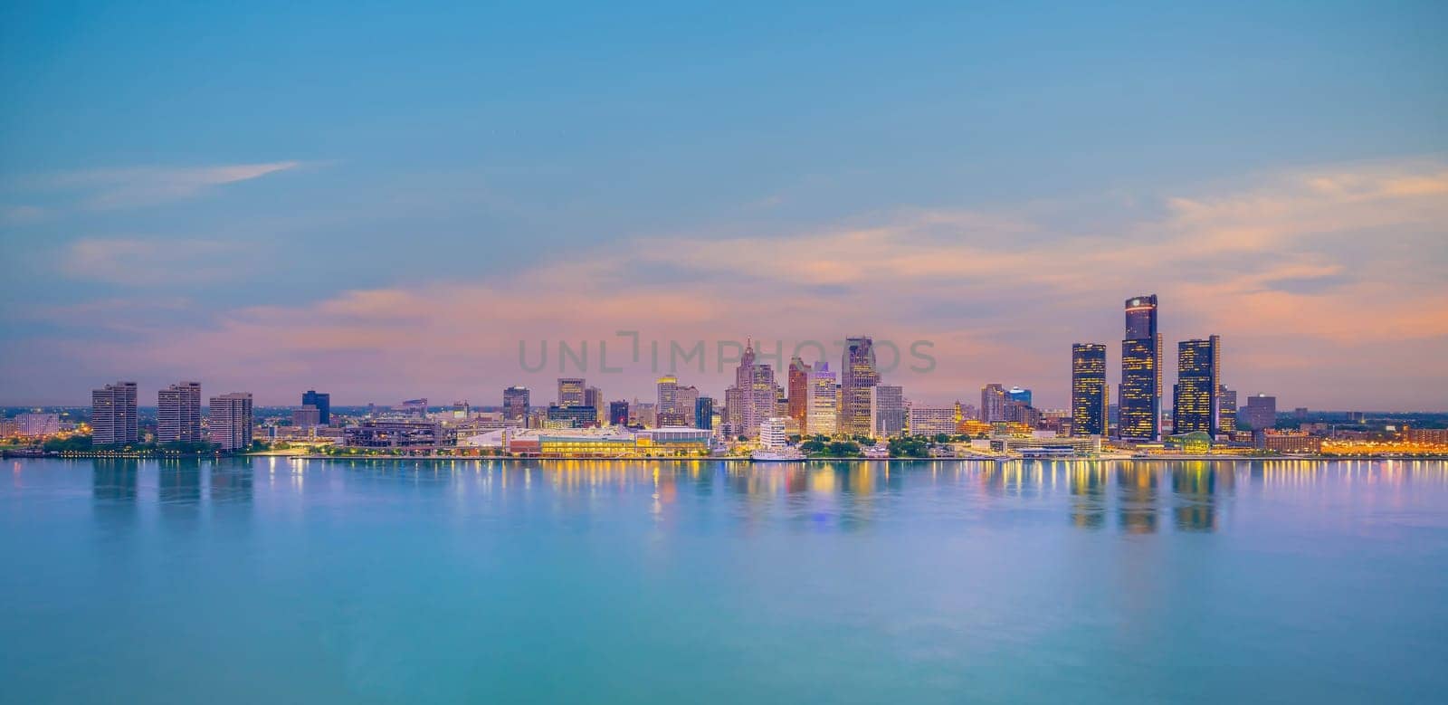 Detroit skyline in Michigan, cityscape of USA at sunset shot from Windsor, Ontario Canada