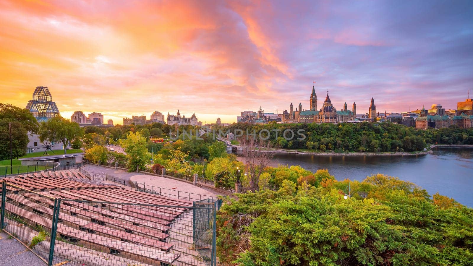 Cityscape skyline of Canada with Parliament hill in downtown Ottawa at sunset