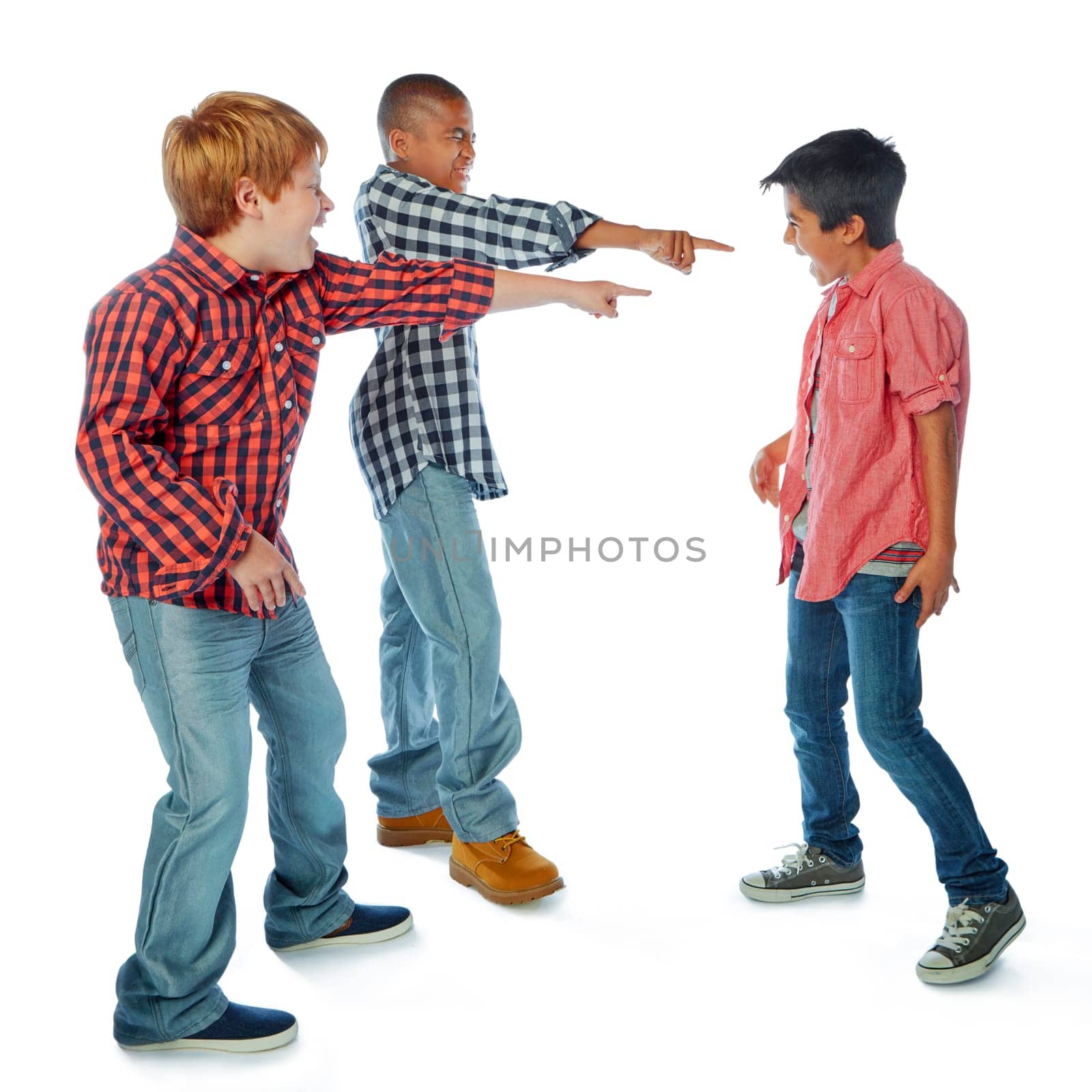 Goofin around with the guys. Studio shot of a group of young friends goofing around against a white background. by YuriArcurs