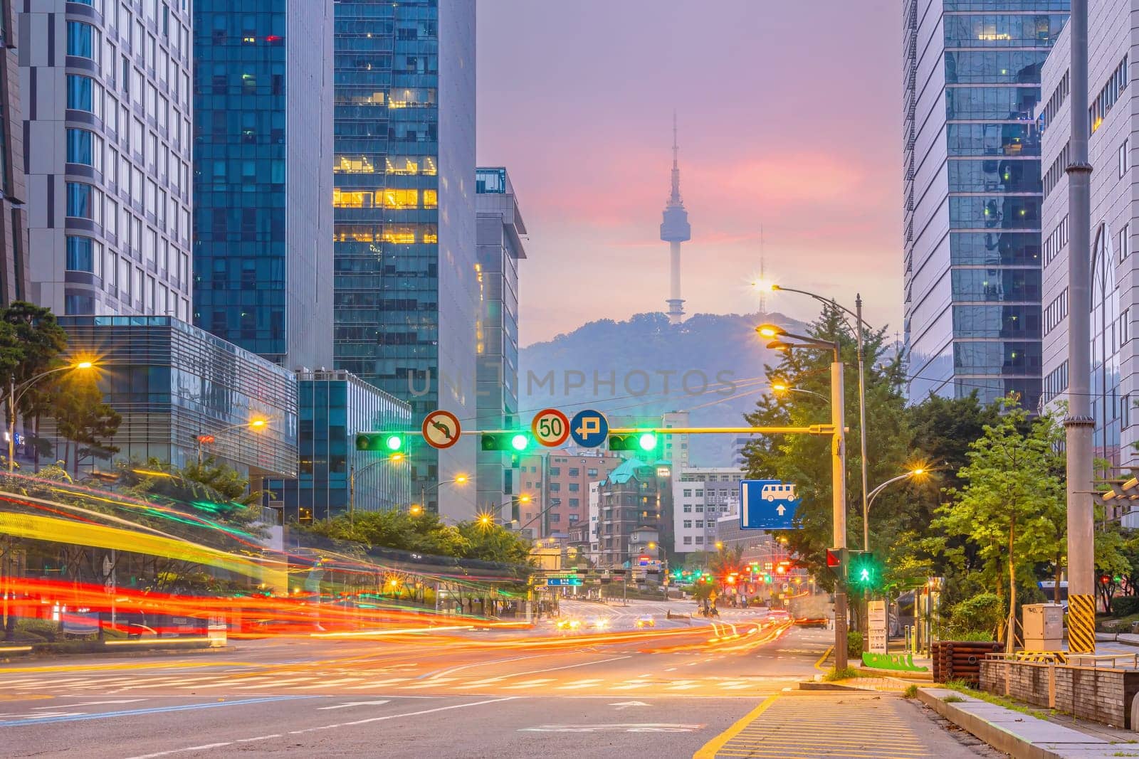 Downtown Seoul city skyline, cityscape of South Korea at sunrise