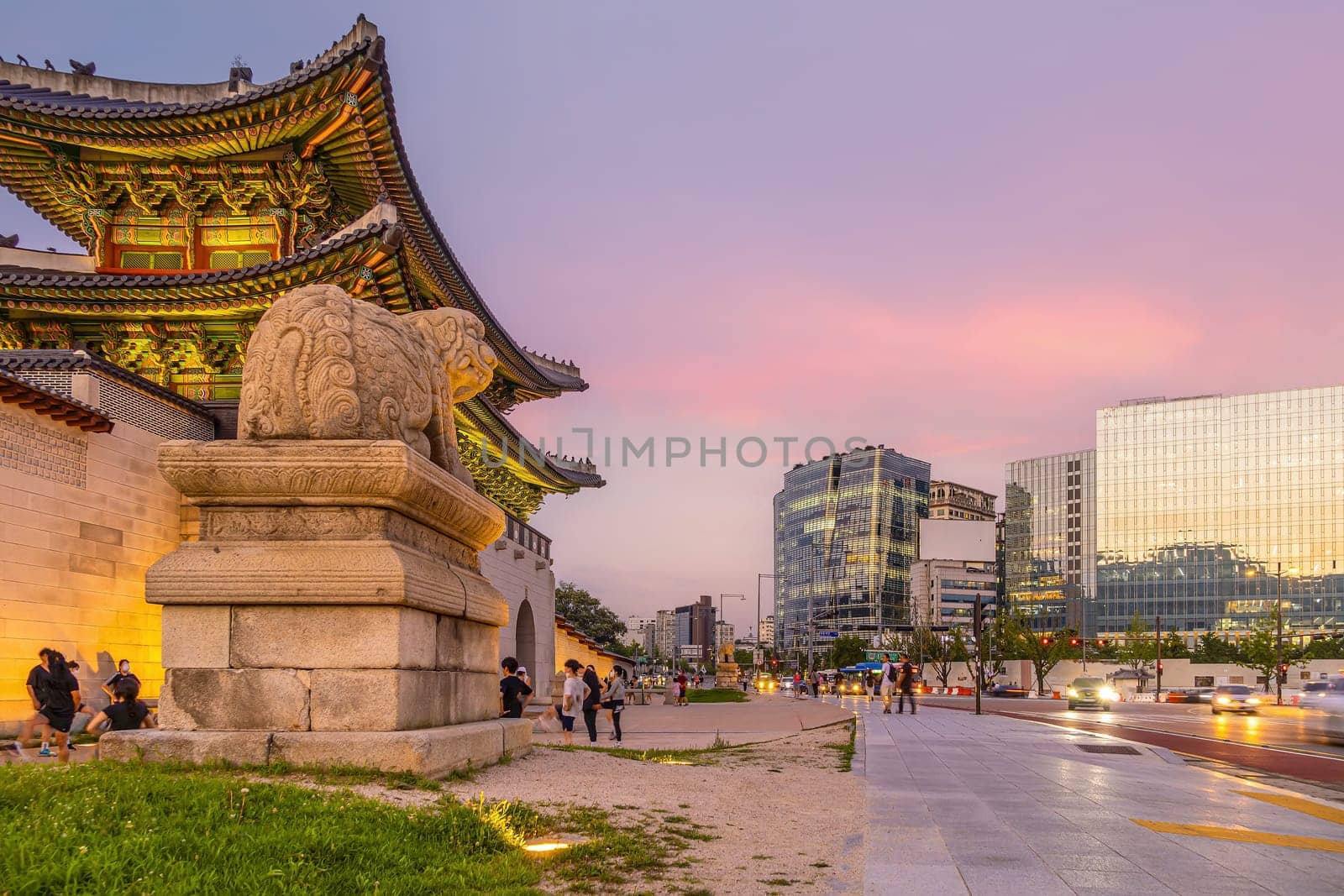 Gyeongbokgung Palace in downtown Seoul at sunset in South Korea