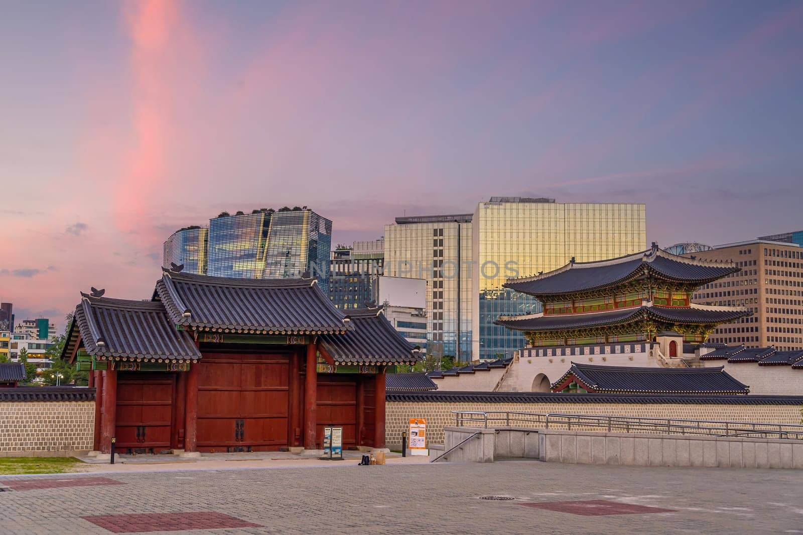 Gyeongbokgung Palace in downtown Seoul at sunset in South Korea