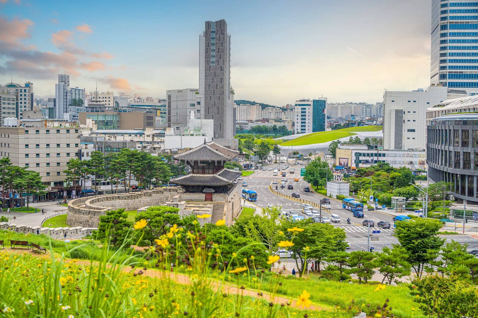 Downtown Seoul city skyline at Dongdaemun Gate, cityscape of South Korea at sunset