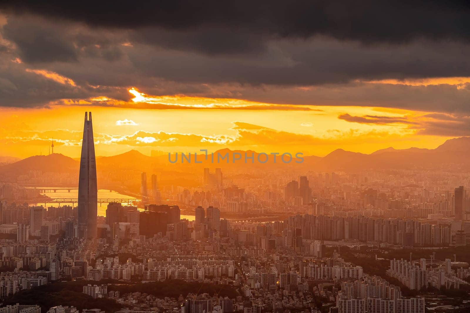 Downtown Seoul city skyline, cityscape of South Korea at sunset