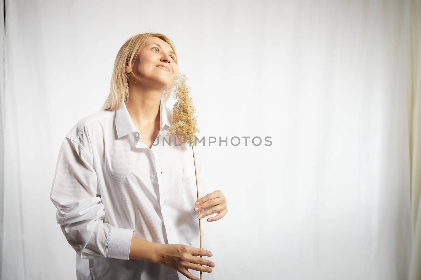 Portrait of a pretty blonde smiling woman with soft ear in hands posing on a white background. Happy girl model in white shirt in studio. The concept of softness, tenderness and dreams. Copy space