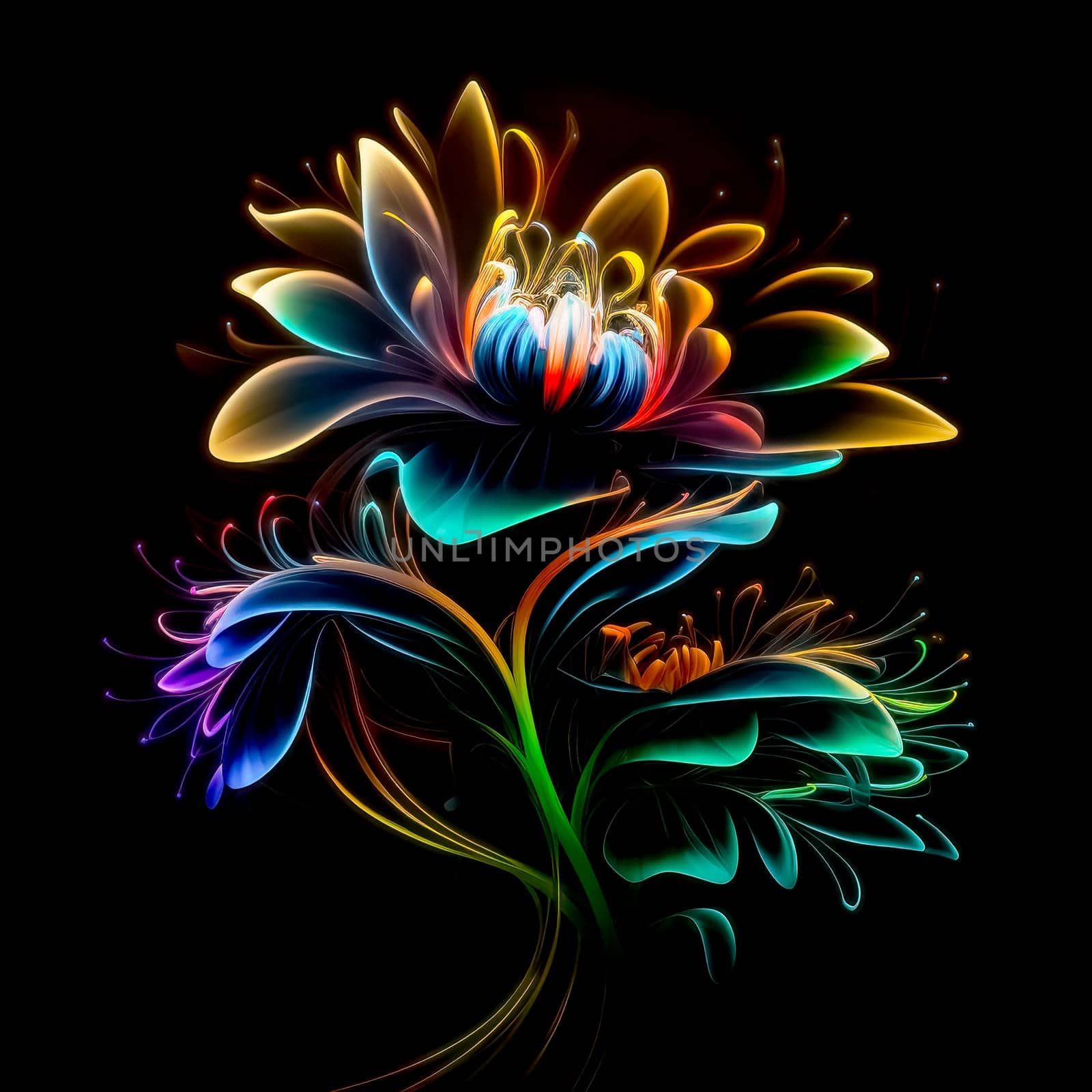 An abstract image of a fantastic flower drawn with coloured glowing lines on a black background. AI generated