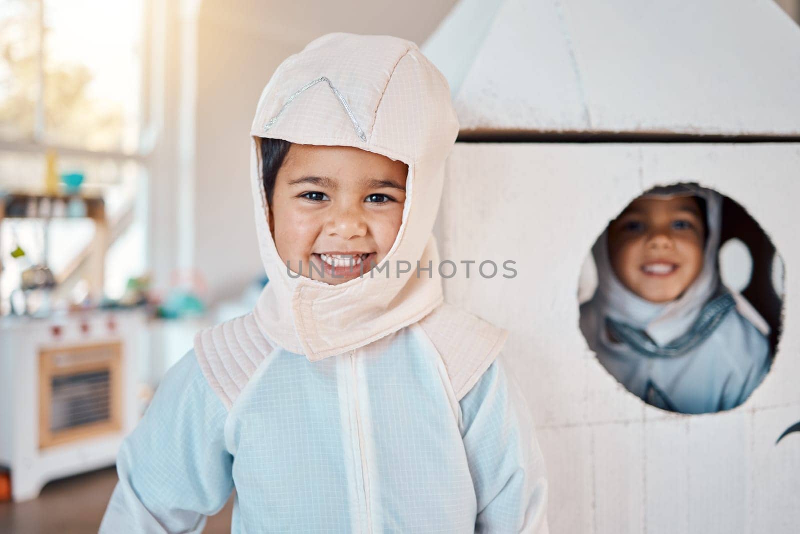 Astronaut portrait, spaceship and children happy, playing and role play space travel, home fantasy games or pretend rocket. Explore universe, Halloween costume and youth kids imagine galaxy adventure.