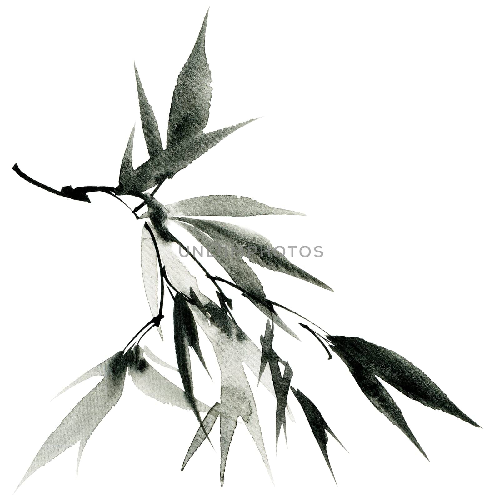 Watercolor and ink painting of tree branch with leaves, hand drawn art in sumi-e style - seamless pattern. Oriental traditional painting.