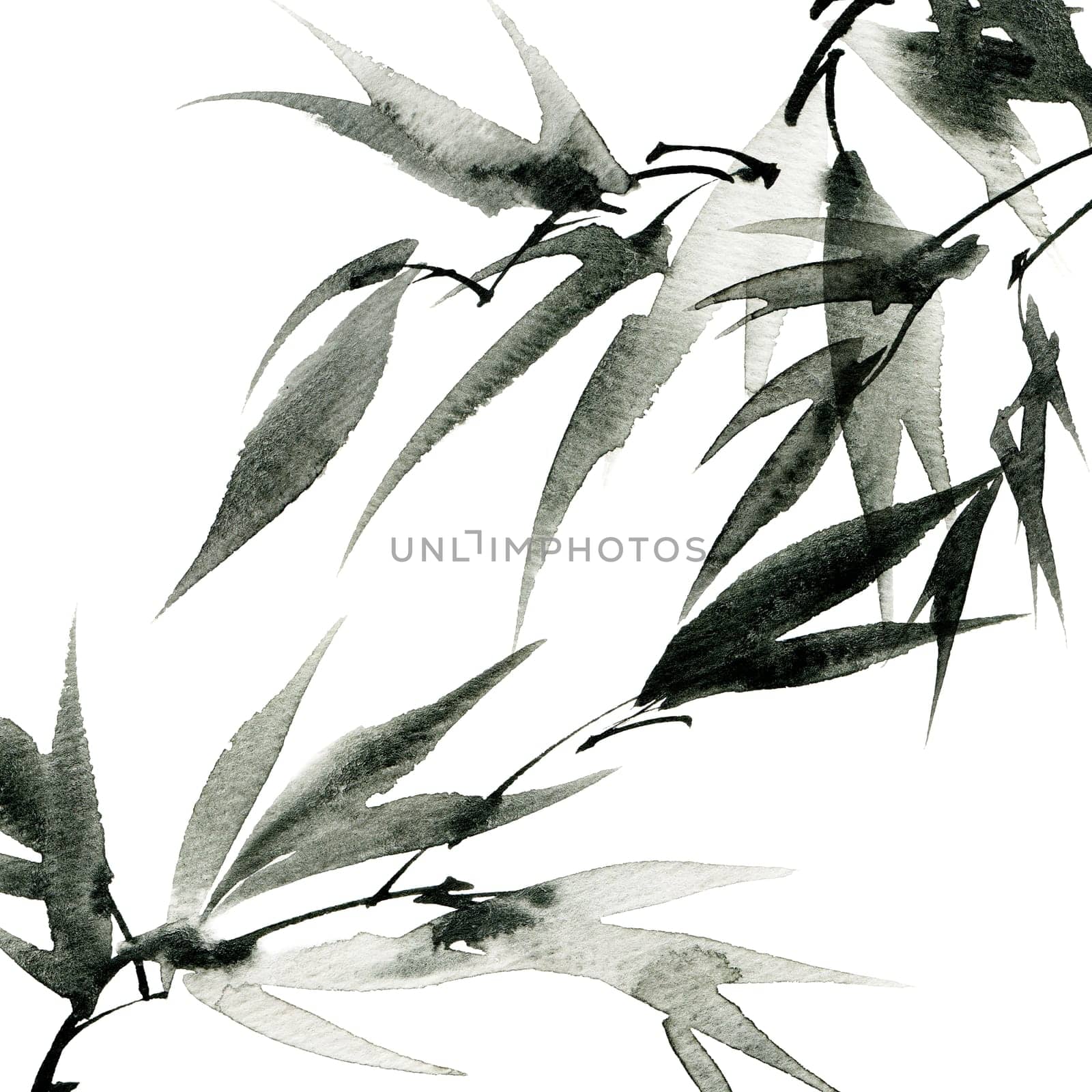 Watercolor and ink painting of tree branch with leaves, hand drawn art in sumi-e style - seamless pattern. Oriental traditional painting.