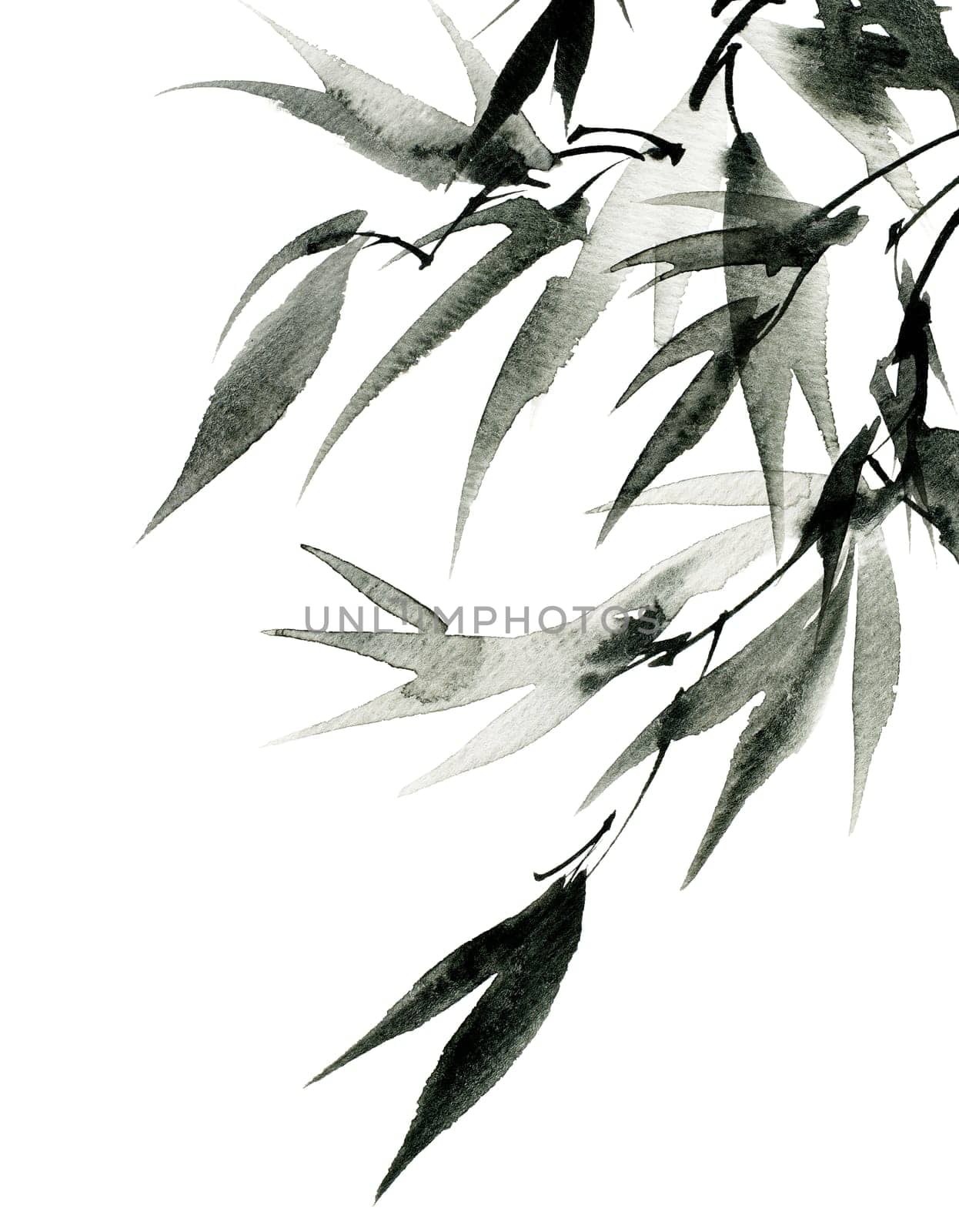 Watercolor and ink painting of tree branch with leaves, hand drawn art in sumi-e style - seamless pattern. Oriental traditional painting.