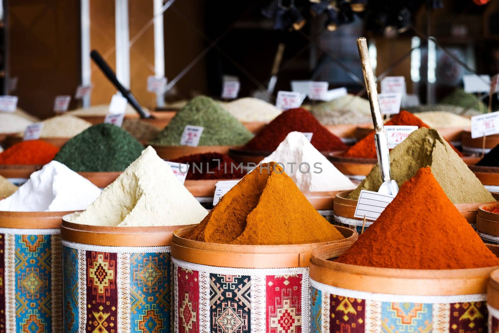 Spice market with assortment of aromatic condiments