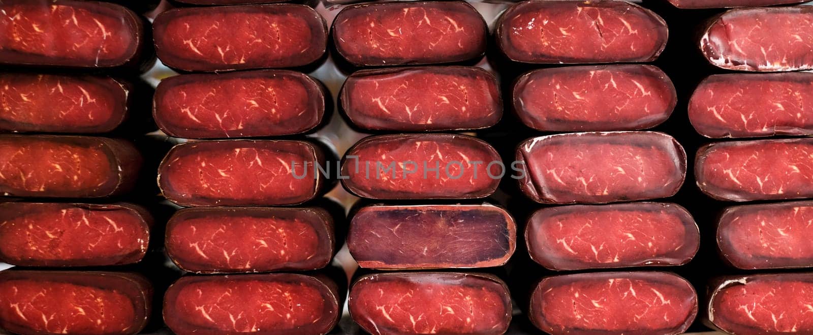 Tasty basturma meat in stacks, widescreen