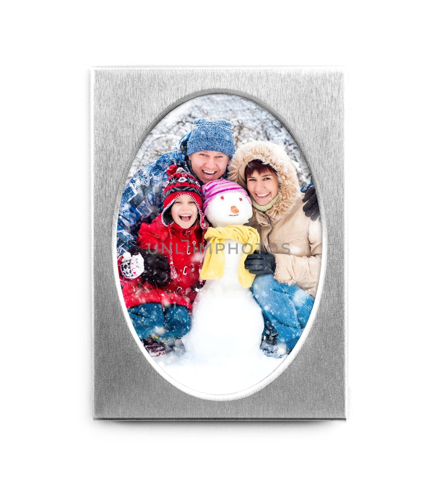 Silver oval frame with happy family photo isolated on white background