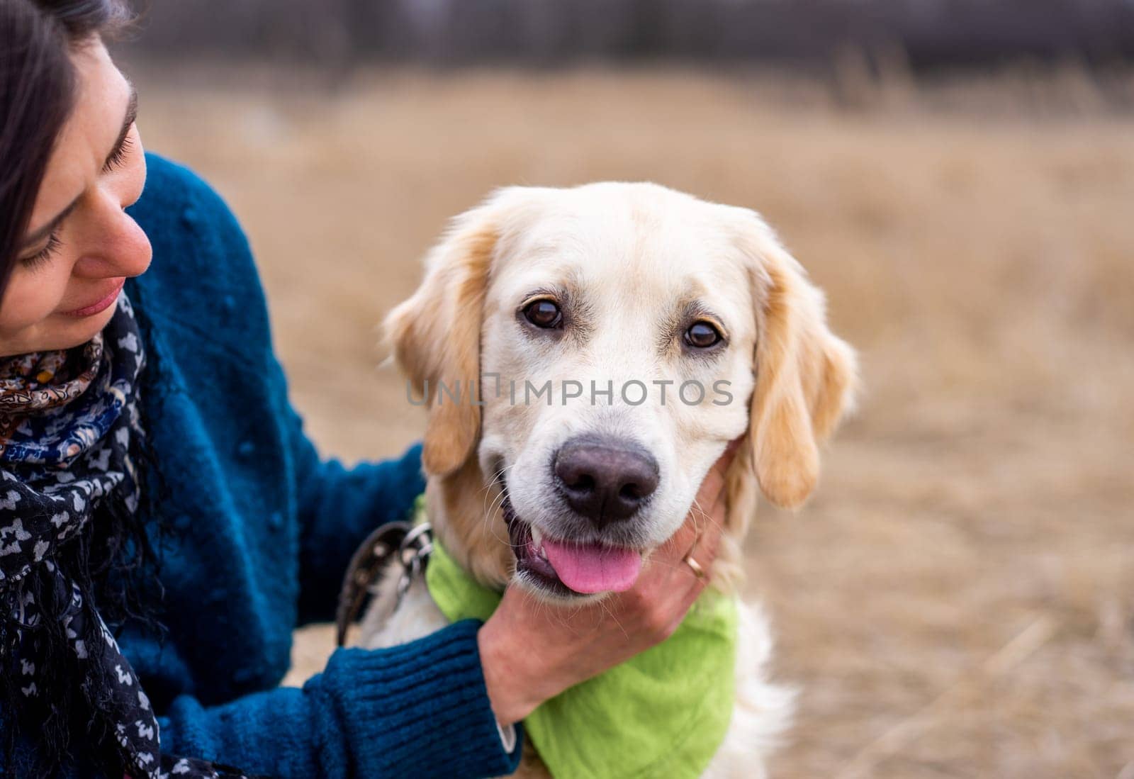 Adorable dog with lovely owner outside