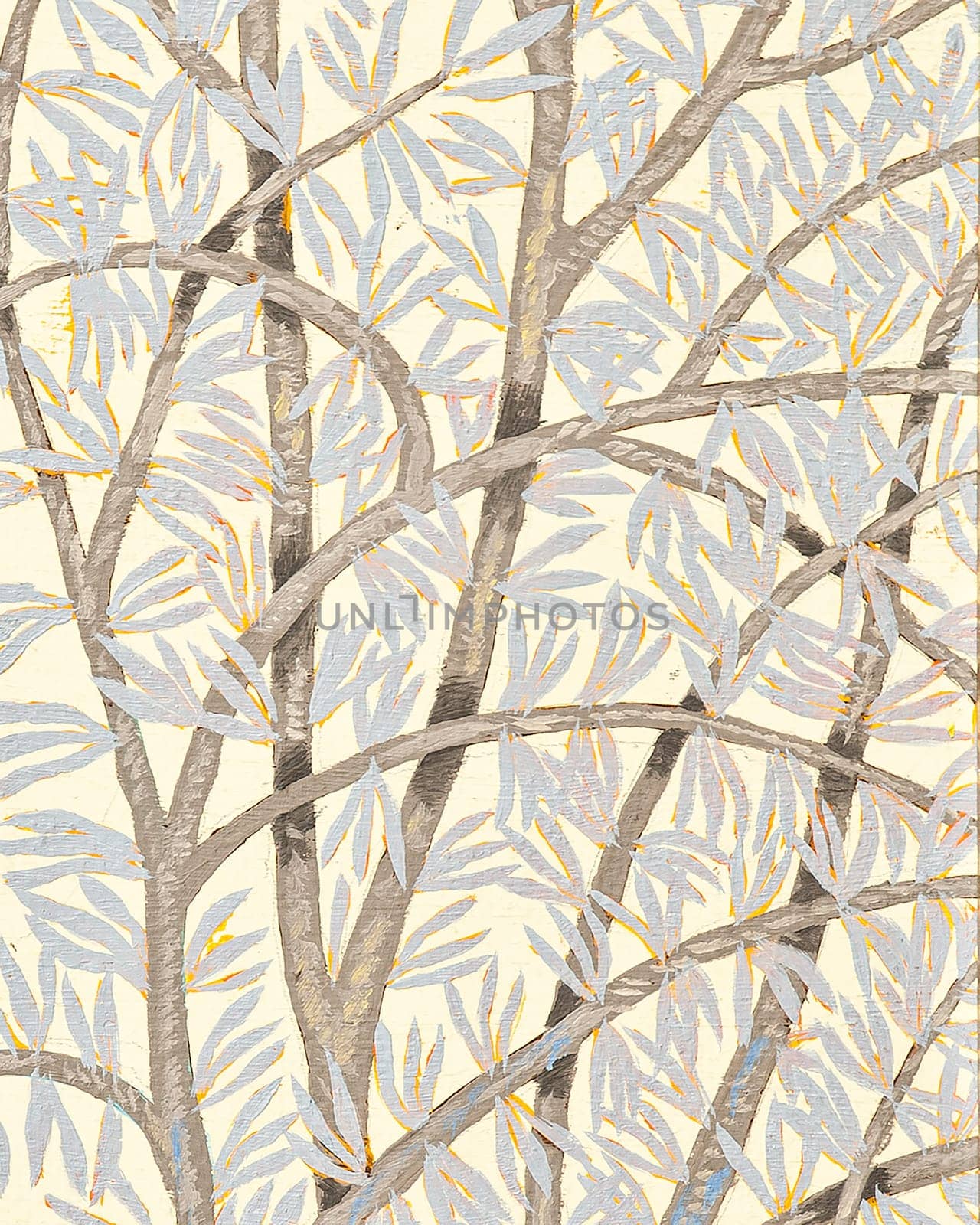 A vertical illustrated design of tree branches with leaves on a beige background