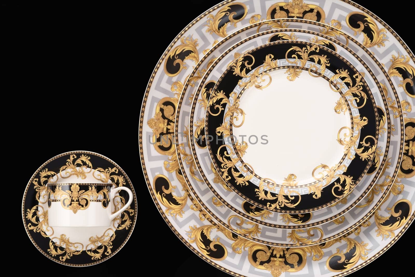 A luxury tableware set isolated on black background