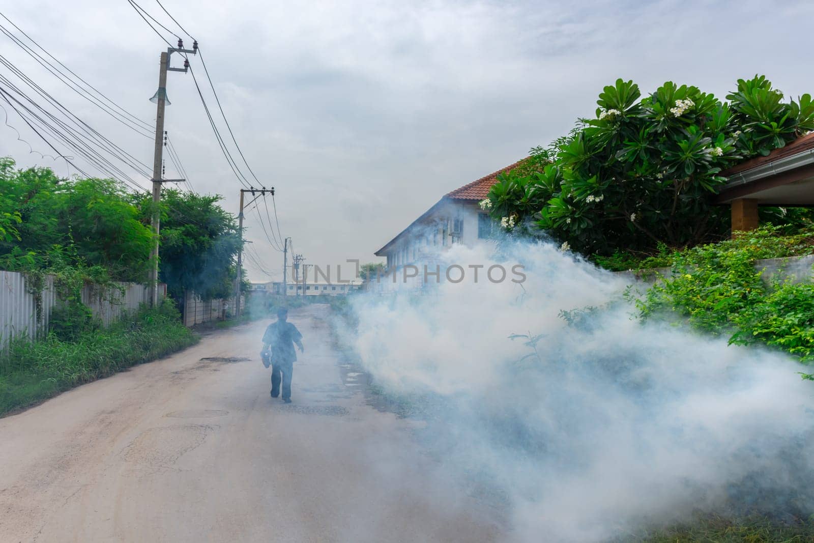 People fogging DDT spray for mosquito kill and protect by control mosquito is a carrier of Malaria, Encephalitis, Dengue and Zika virus in village.