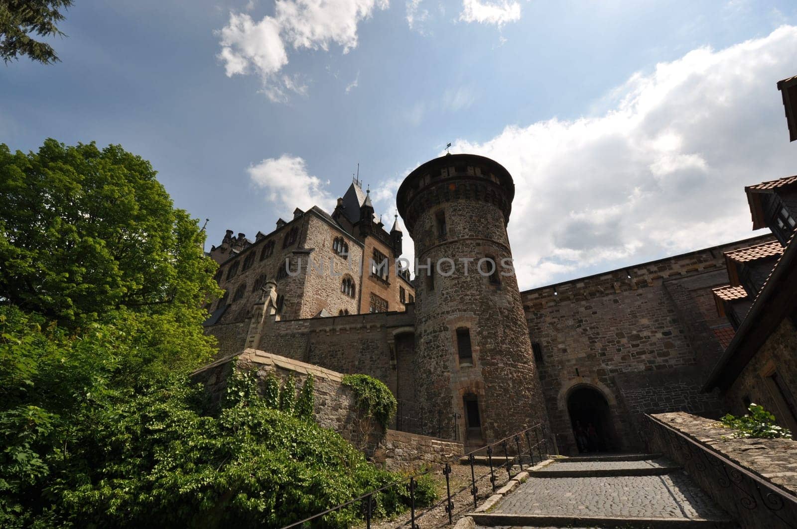 Low angle view of towers and the castle of Wernigerode in Germany