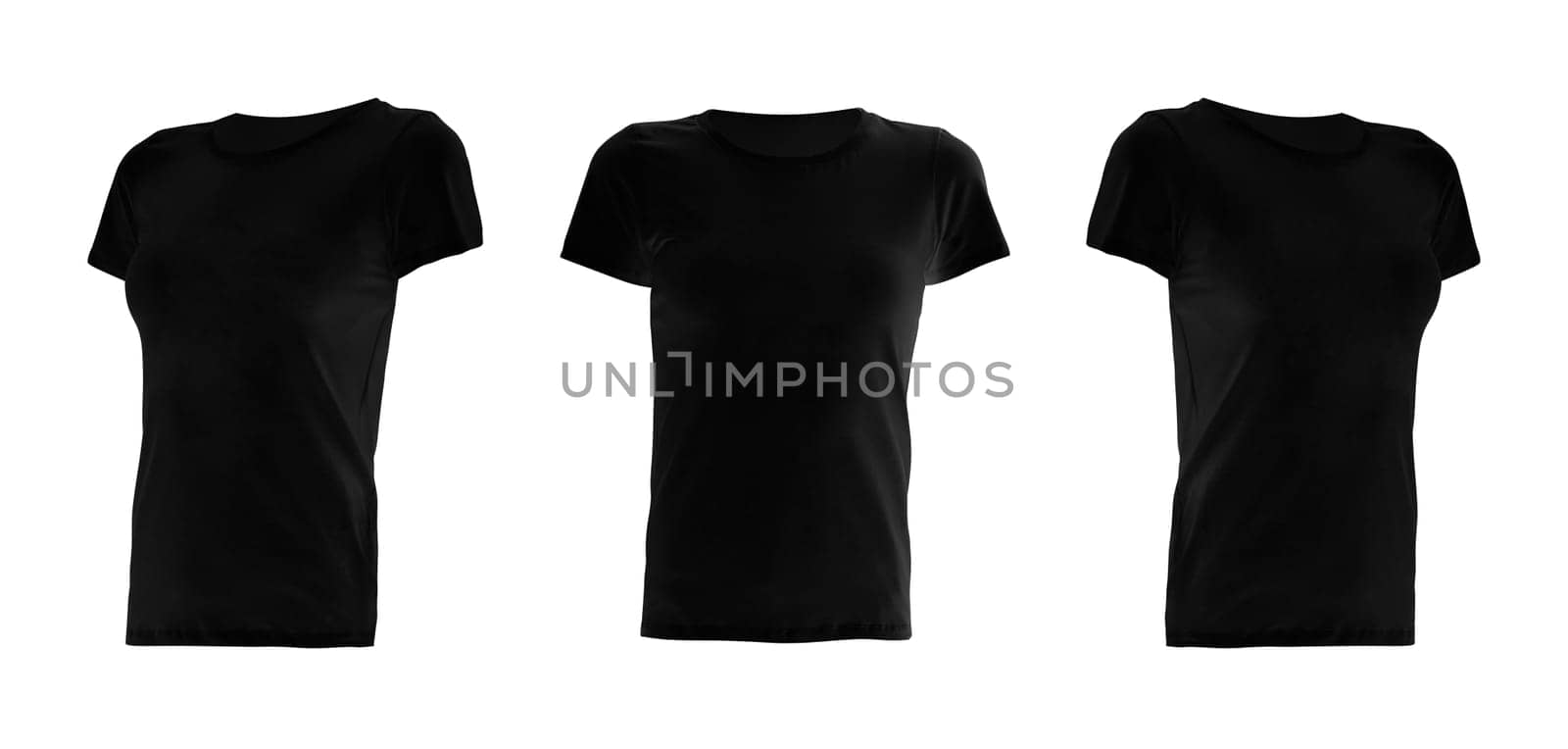 Three black T-shirts isolated on white