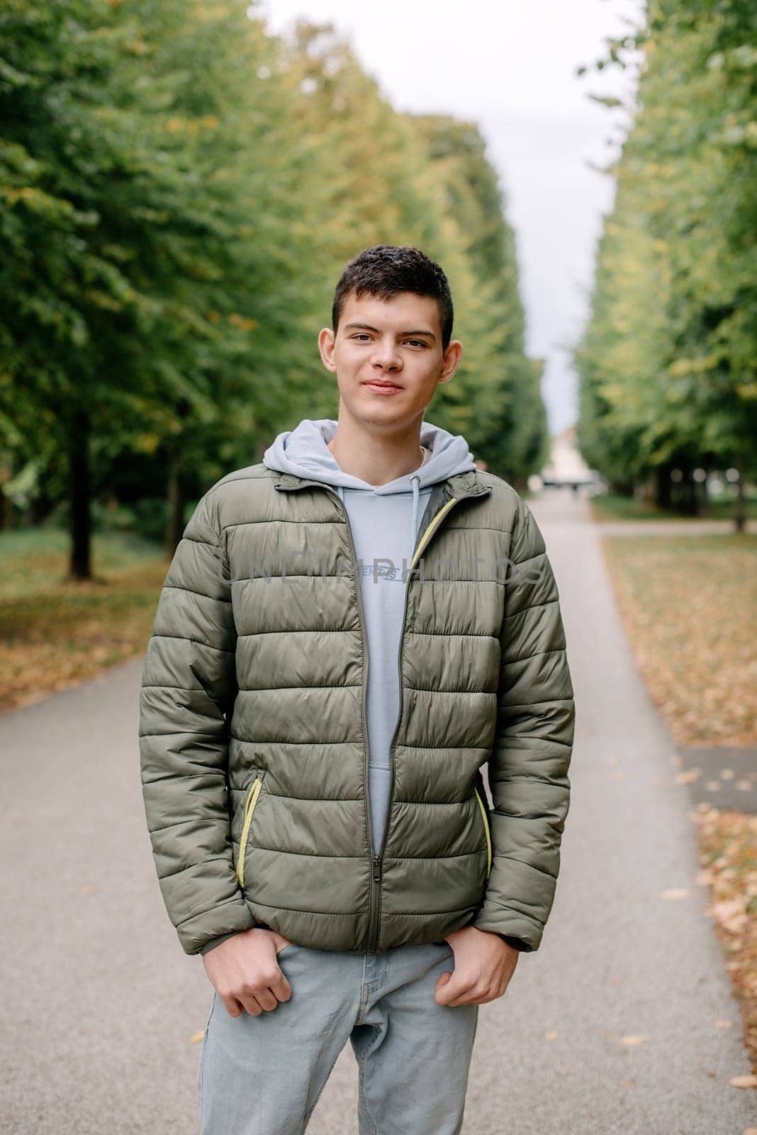 a guy in a jacket stands on an alley in the park during the fall season. Portrait oh handsome teen guy, young man in hoodie, down jacket standing, walking in beautiful golden autumn park, looking at camera. Natural background, colourful leaves, trees. Portrait of young smiling man in casual jacket looks at camera on autumn nature background in countryside or in park. Concept of style, walking in fresh air and unity with nature