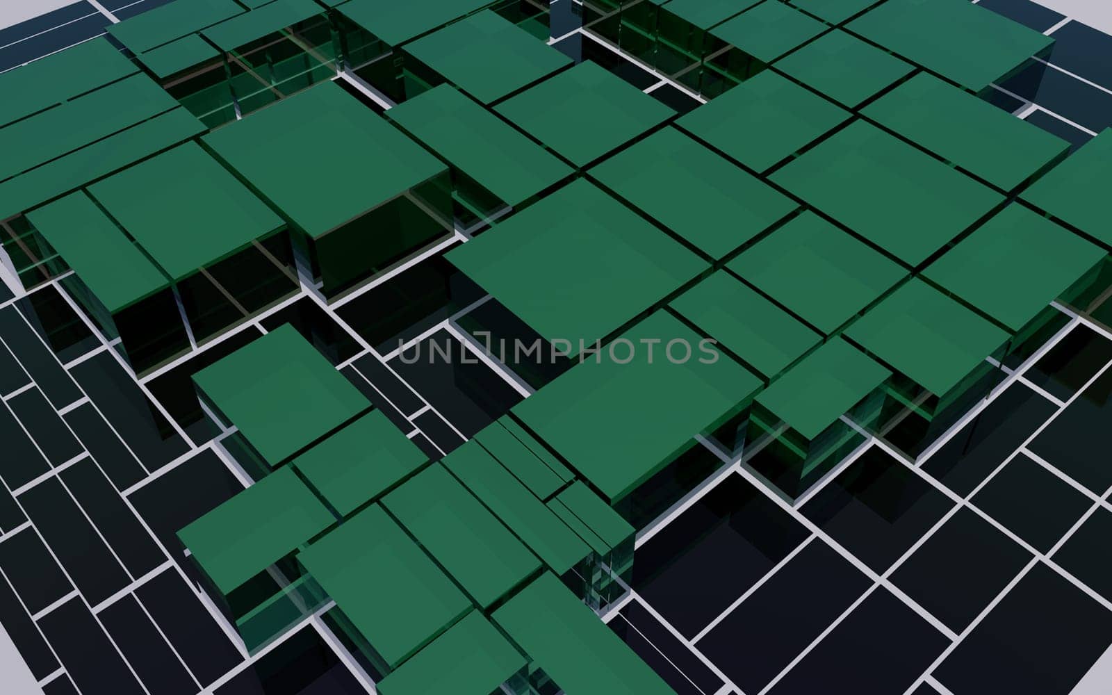Abstract black and green glass blocks futuristic background, 3d rendering illustration by clusterx