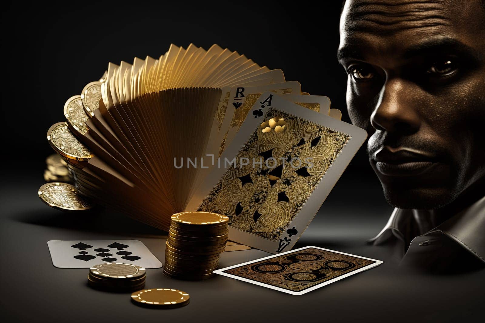 Golden Poker. Texas club poker, online casinos, playing cards, nightlife. Vegas Gambling industry, Casino market, virtual poker, chips, tokens dices tournament luxury deluxe.