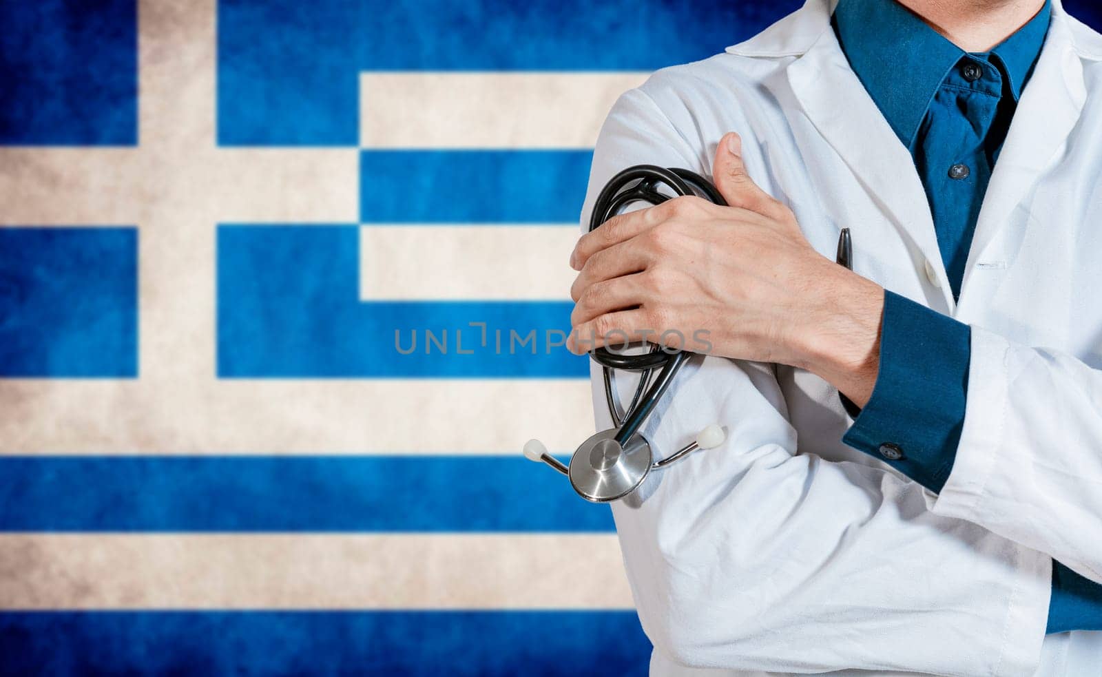 Doctor with stethoscope over greece flag. Health and care with flag of greece, Concept of national health of greece by isaiphoto