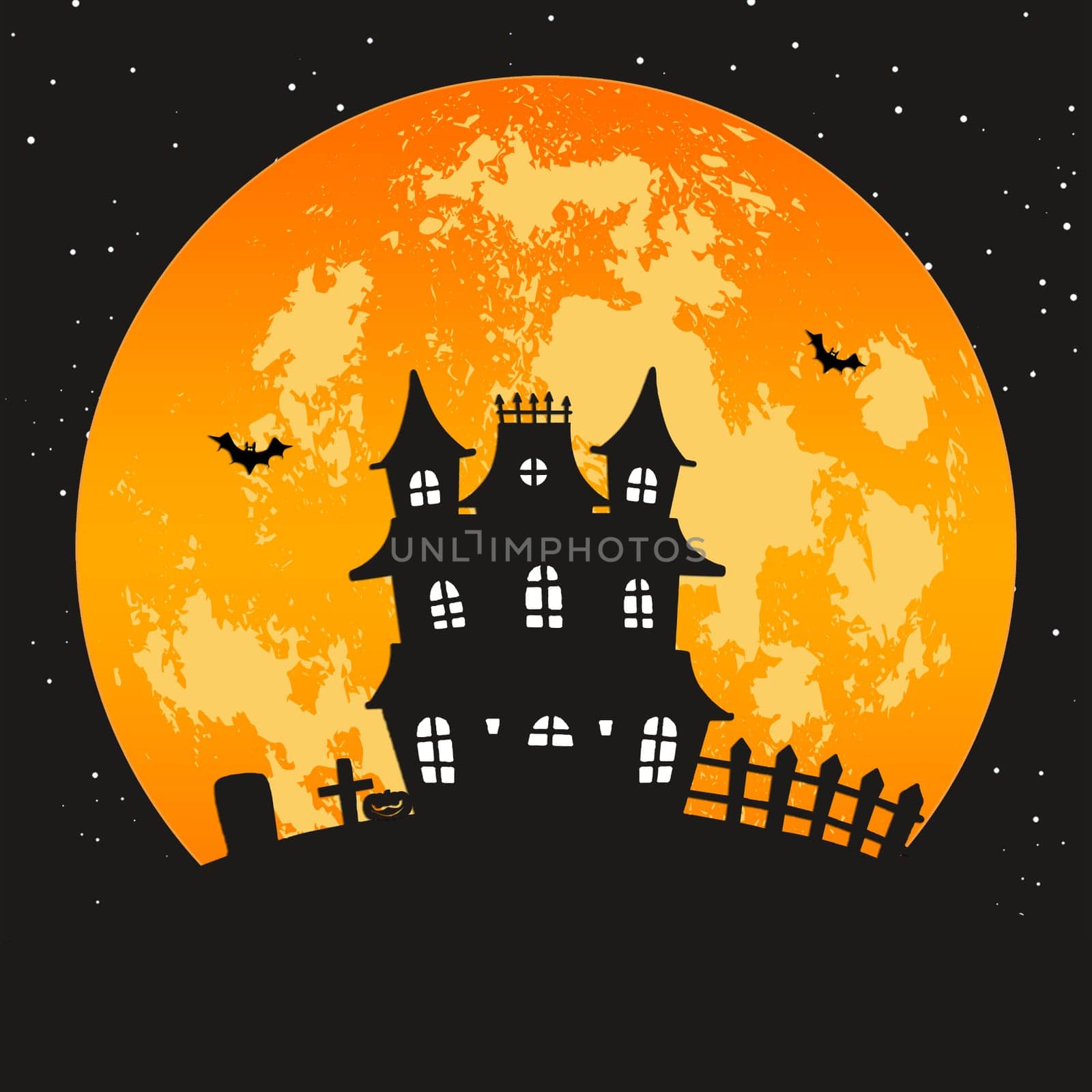A creepy haunted house with a graveyard and full moon.