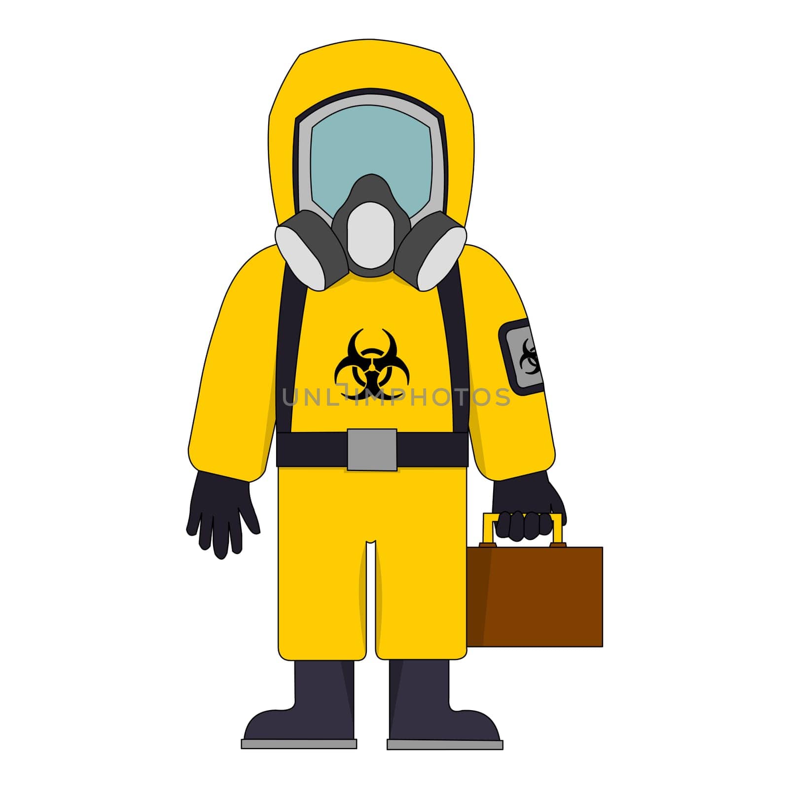 A yellow hazard suit holding a suitcase.