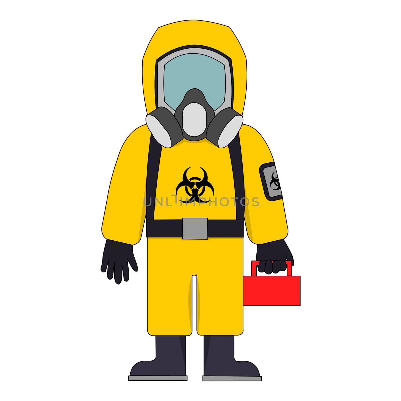 A yellow hazard suit holding a lunch box.