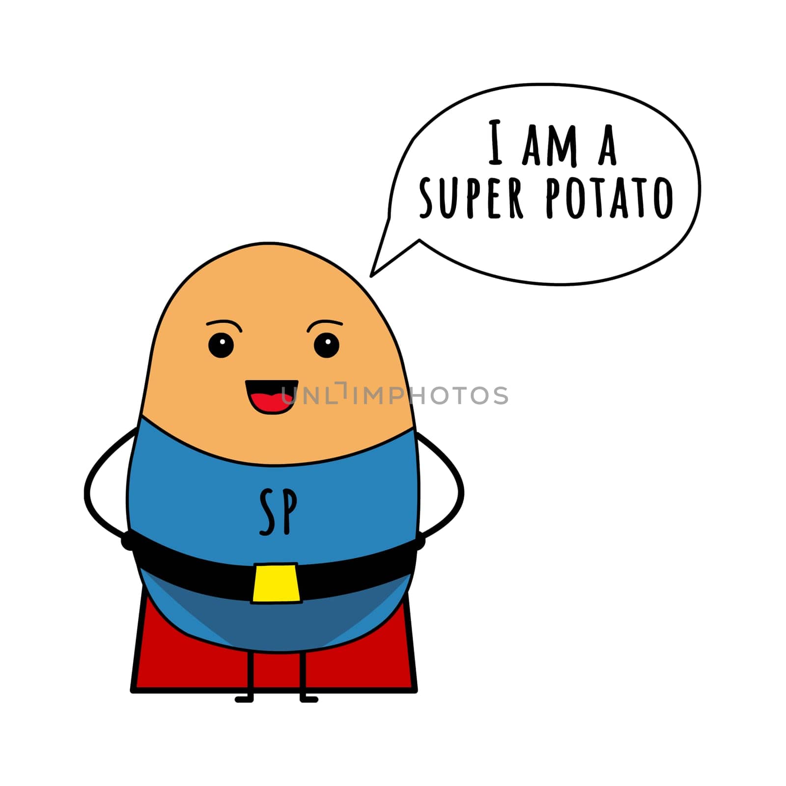 A potato dressed up as a super hero with the speech bubble "I am a super potato".