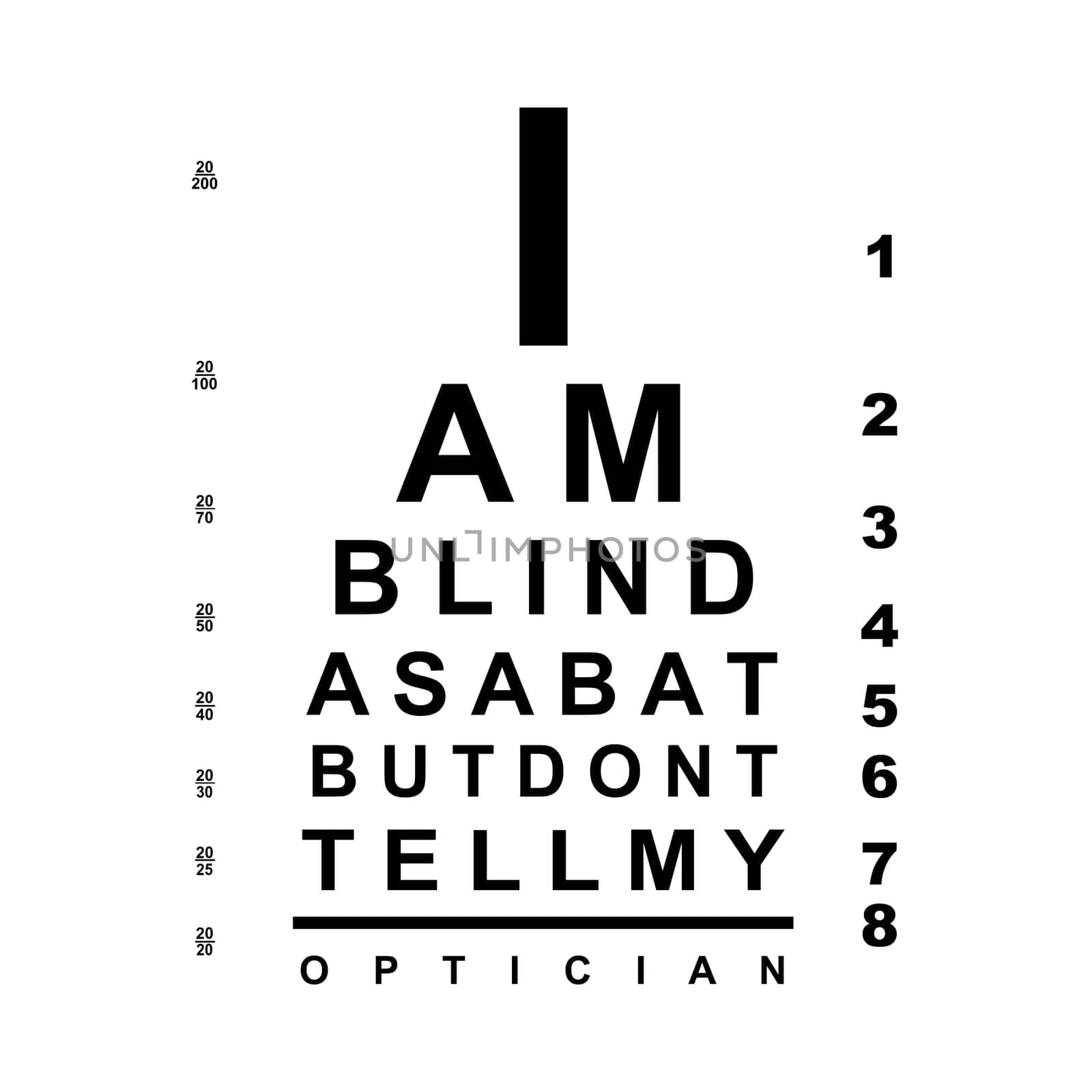 A seeing eye chart with the tezt " I am blind as a bat but don't tell my optician".