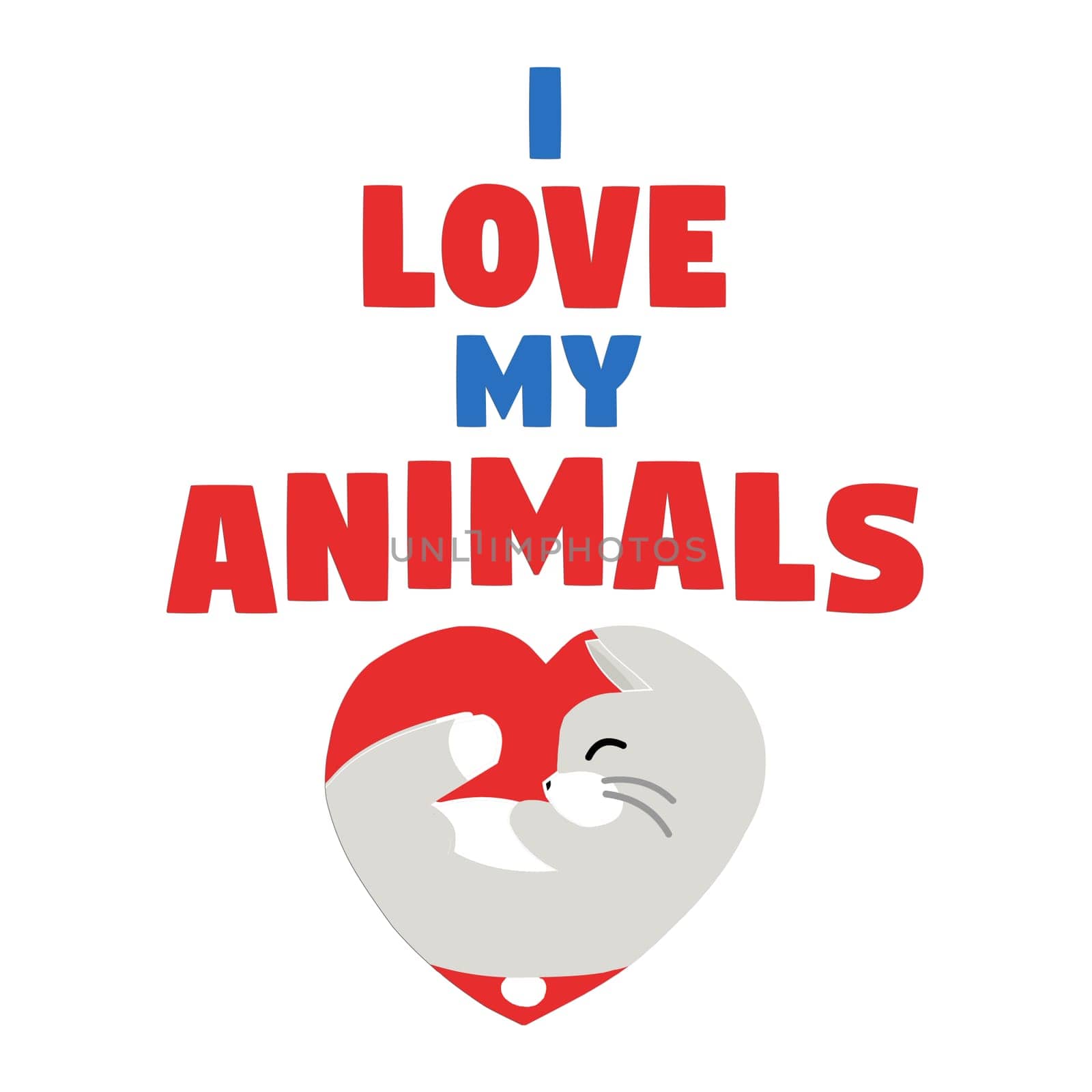 A cute rabbit curled in a heart shape with the text "I love my animals" above.