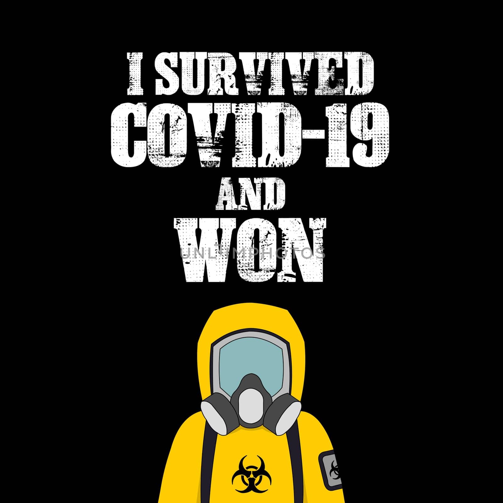A poster with a hazard suit with text above