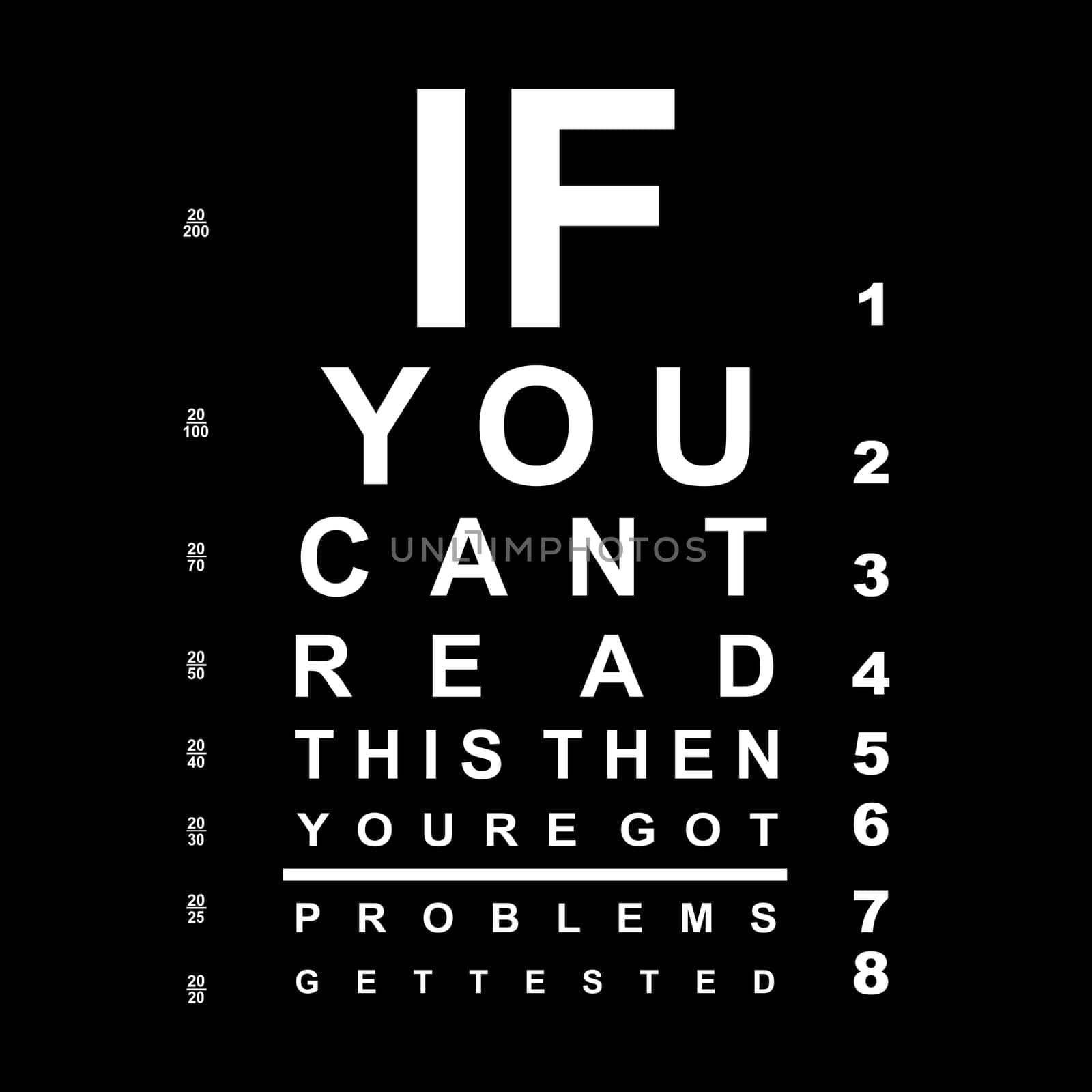 A eye chart with the text "If you can't read this eye chart, then you've got problems, get tested"
