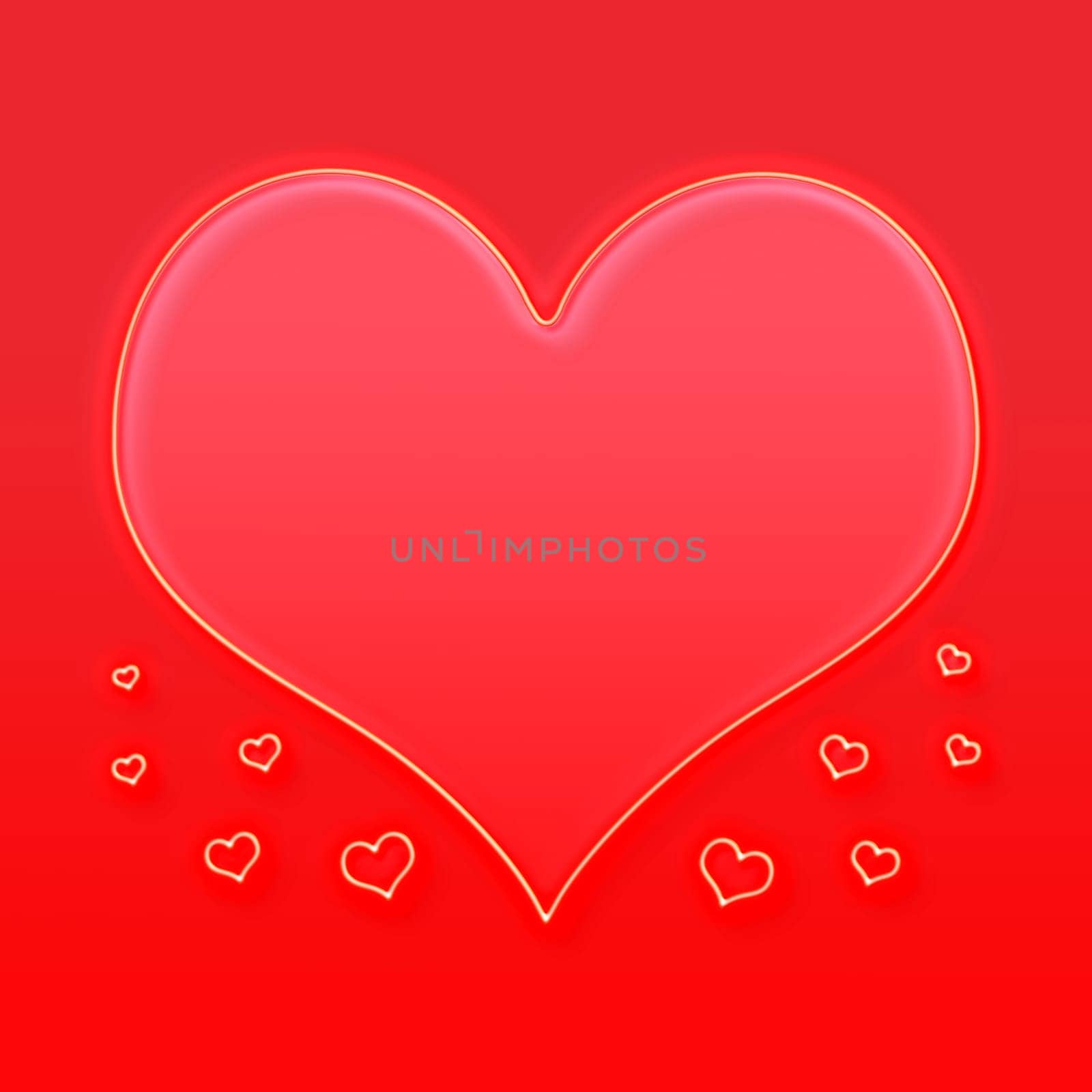 A large glowing red love heart with small hearts floating around it.