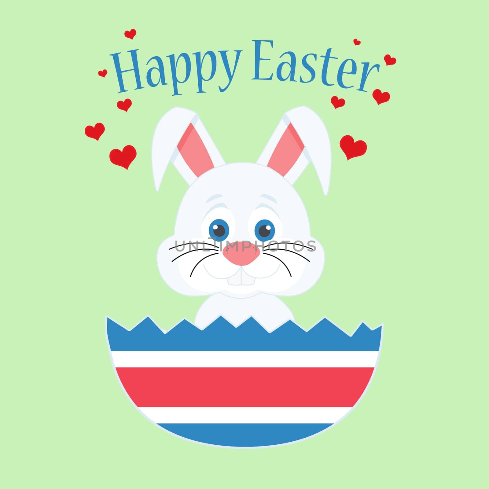 A cute easter bunny inside a egg with the text "Happy Easter" and floating love hearts.