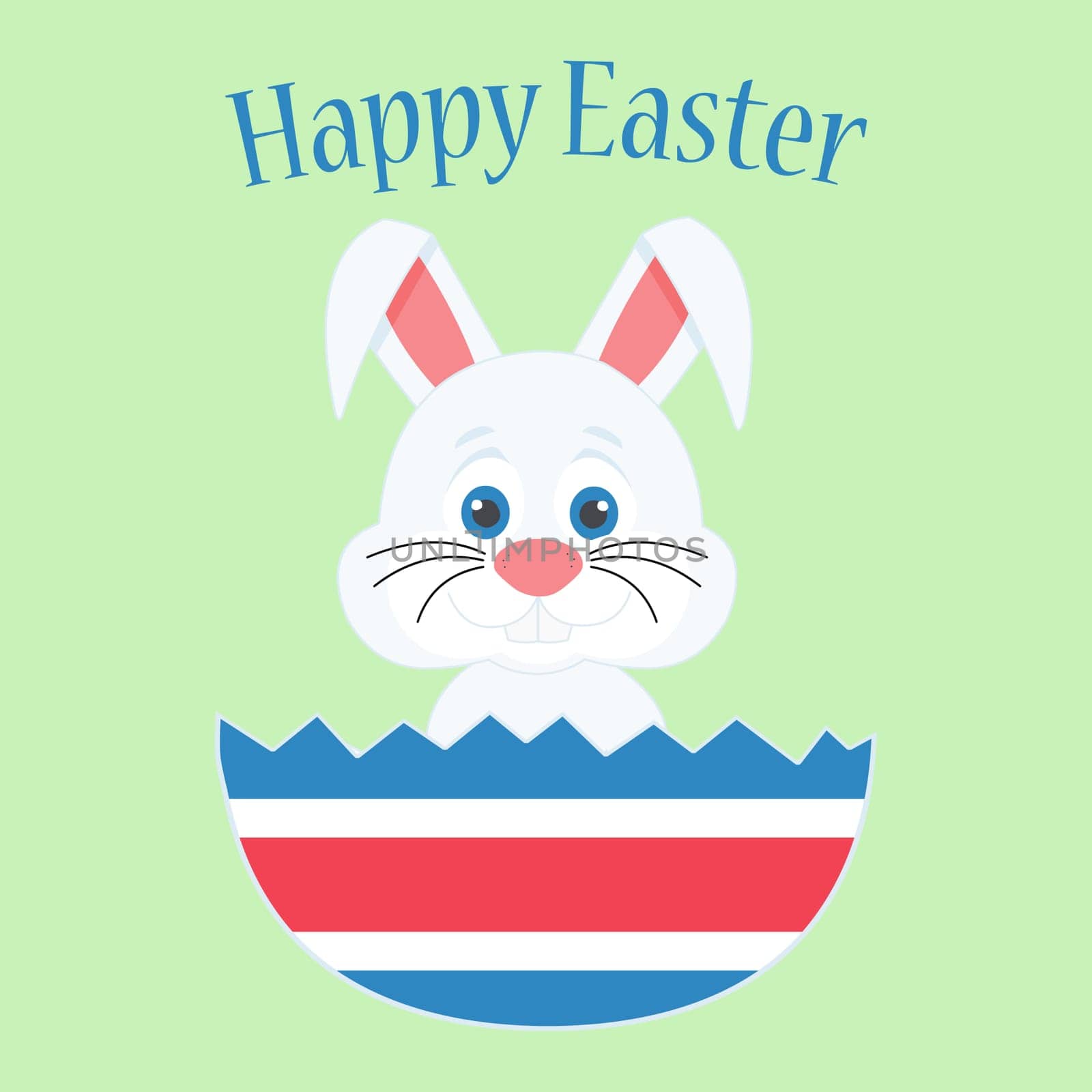 A cute easter bunny inside a egg with the text "Happy Easter".