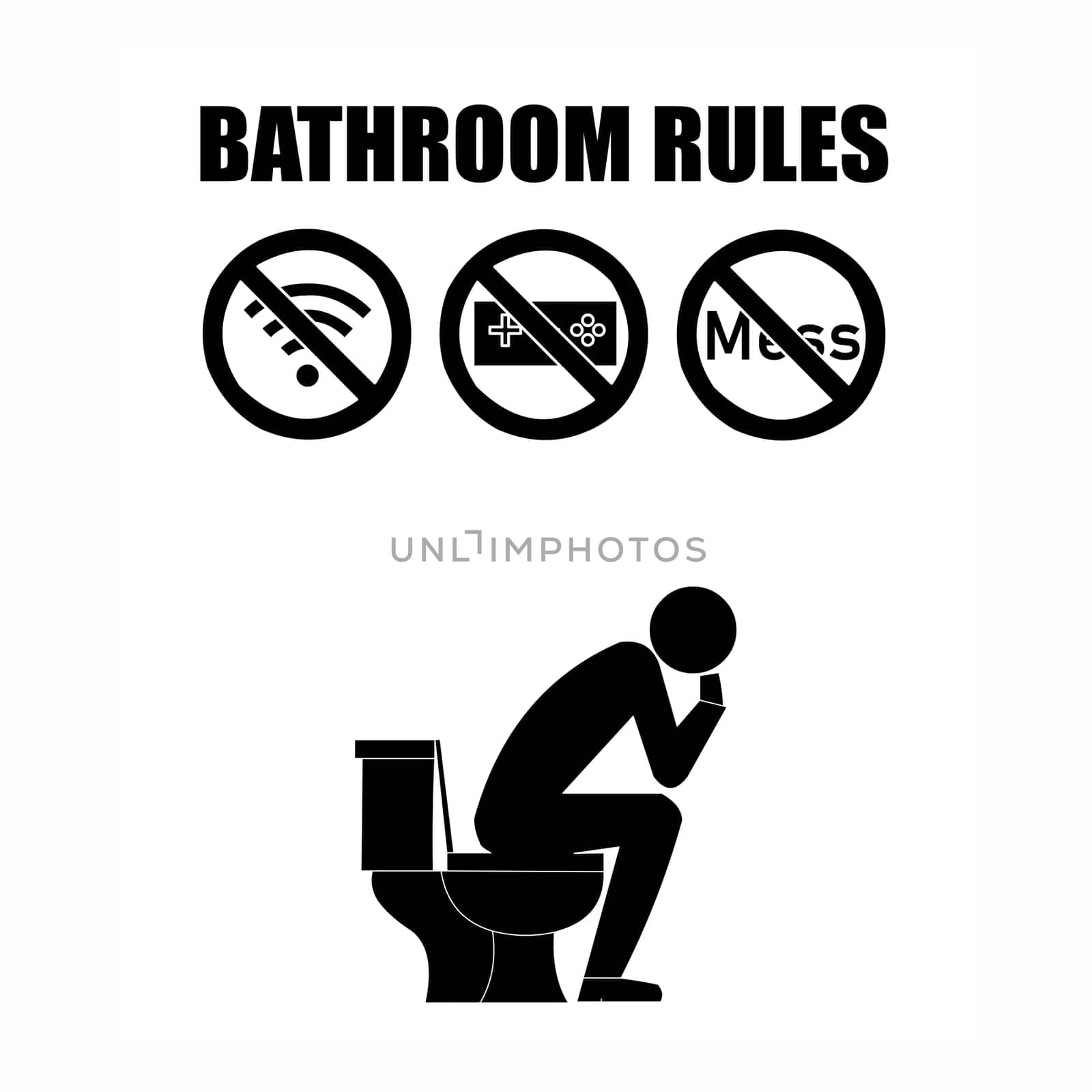 A set of bathroom rules with a person seating on the toilet.