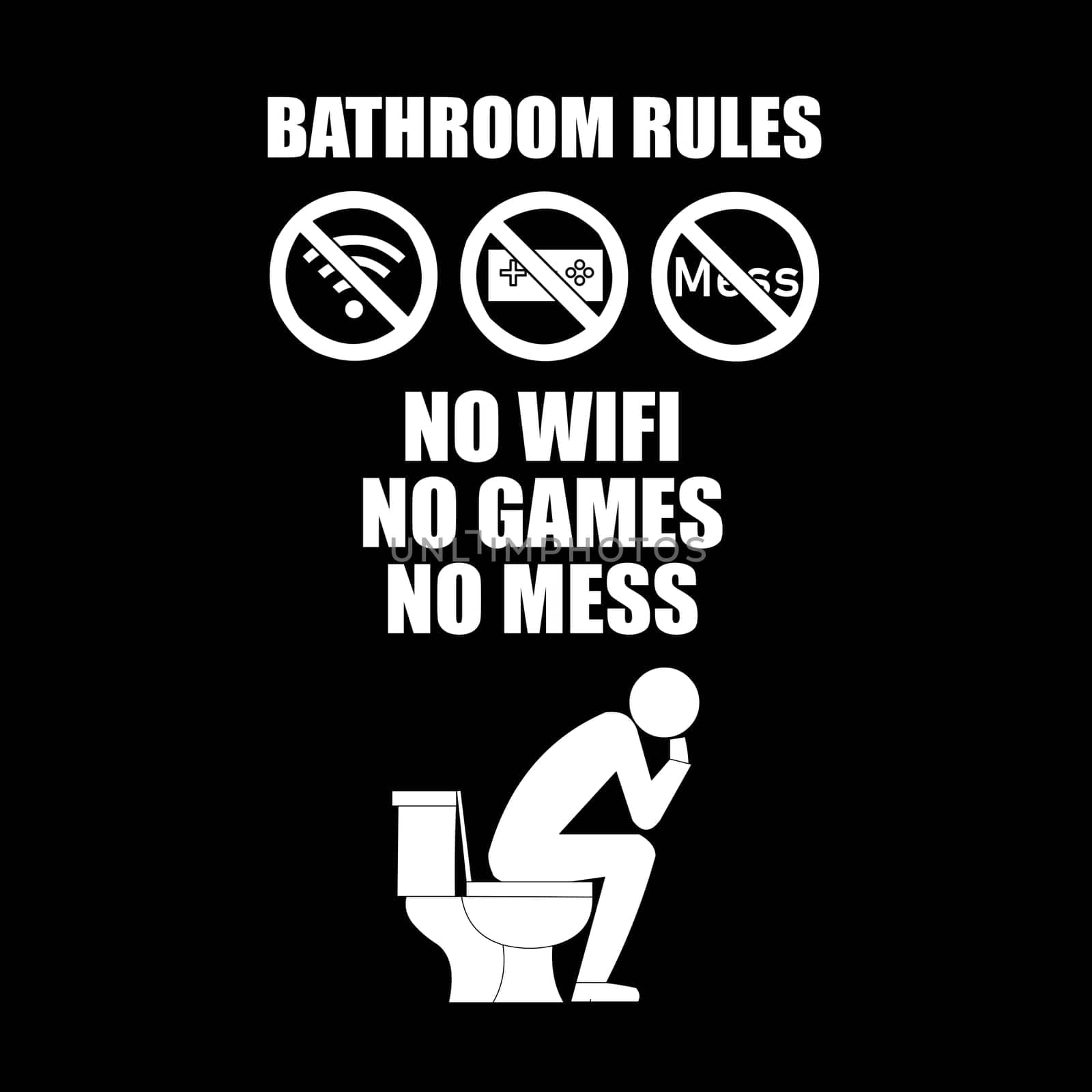 A set of bathroom rules with a person seating on the toilet.