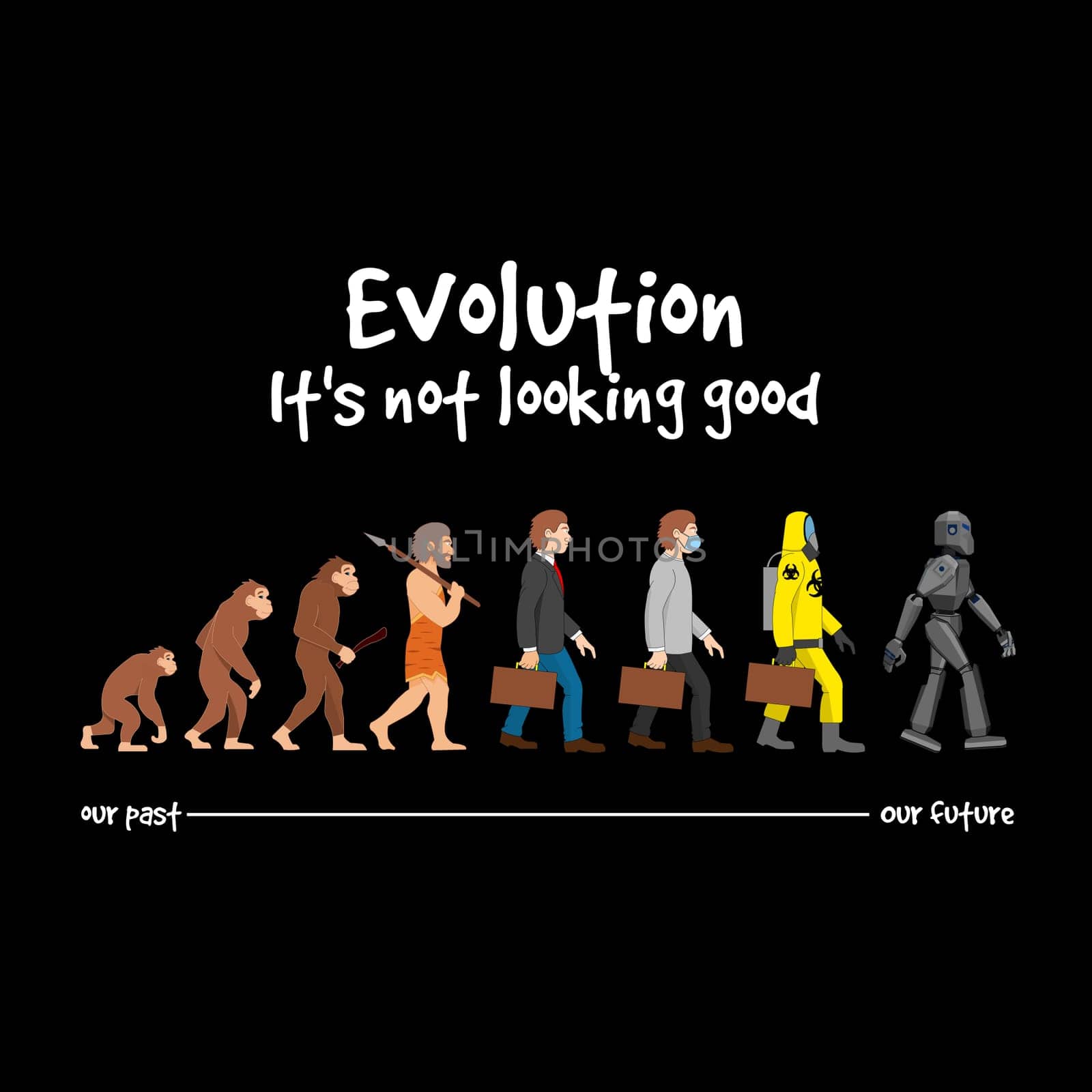 A funny human evolution timeline from times of monkey to future of robot men with the text "it's not looking good".above.