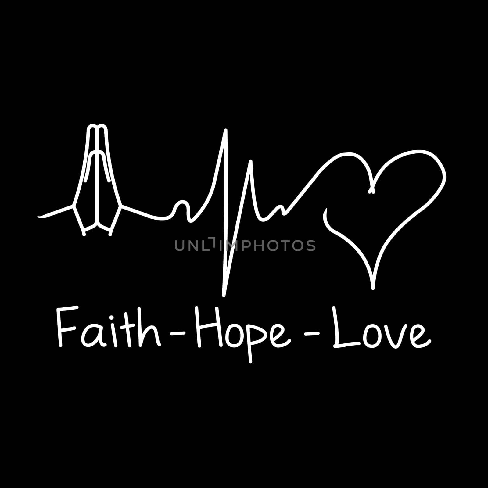 An heartbeat electrocardiogram demonstrating the faith, hope and love symbols with the three texts below.