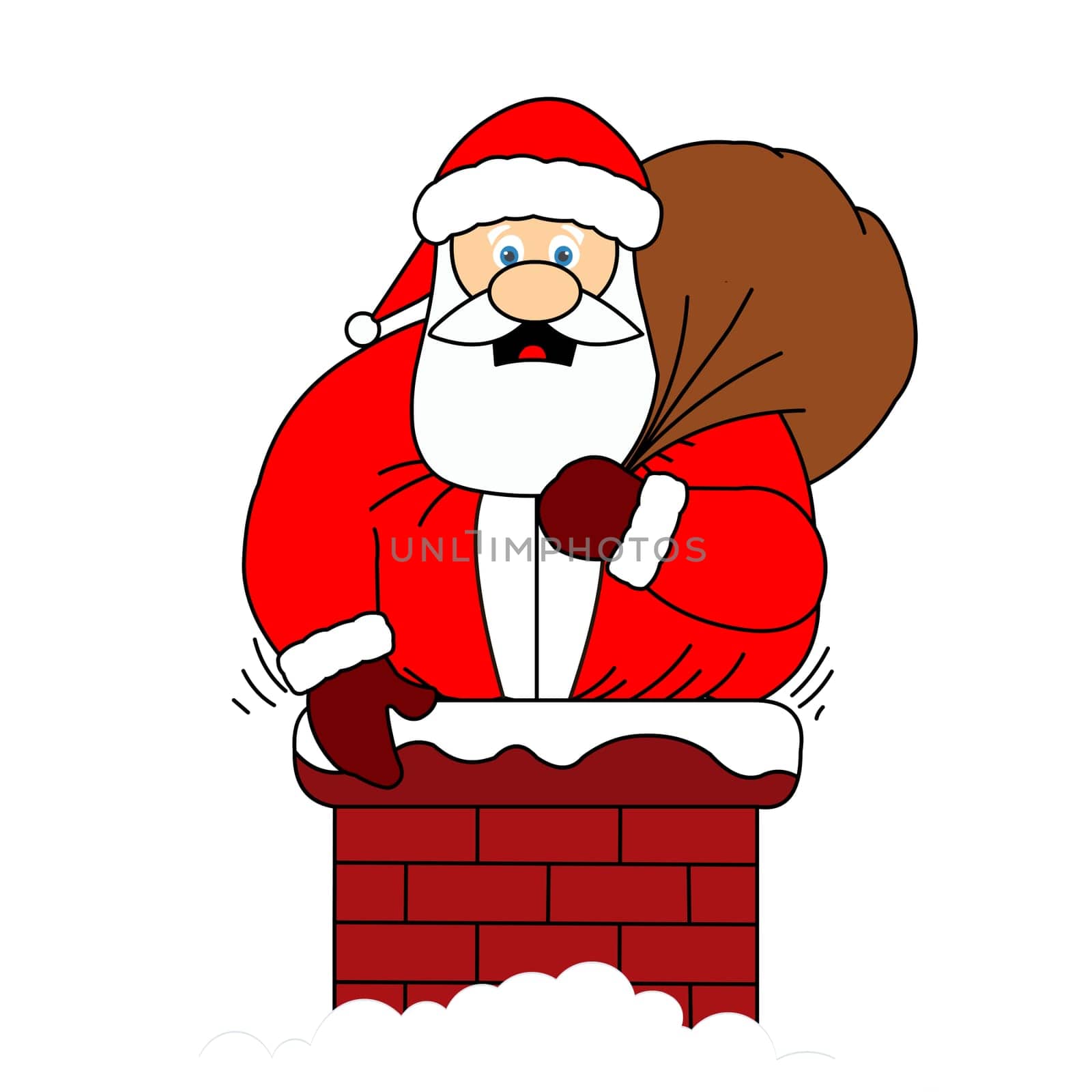 A funny fat santa stuck in the chimney.