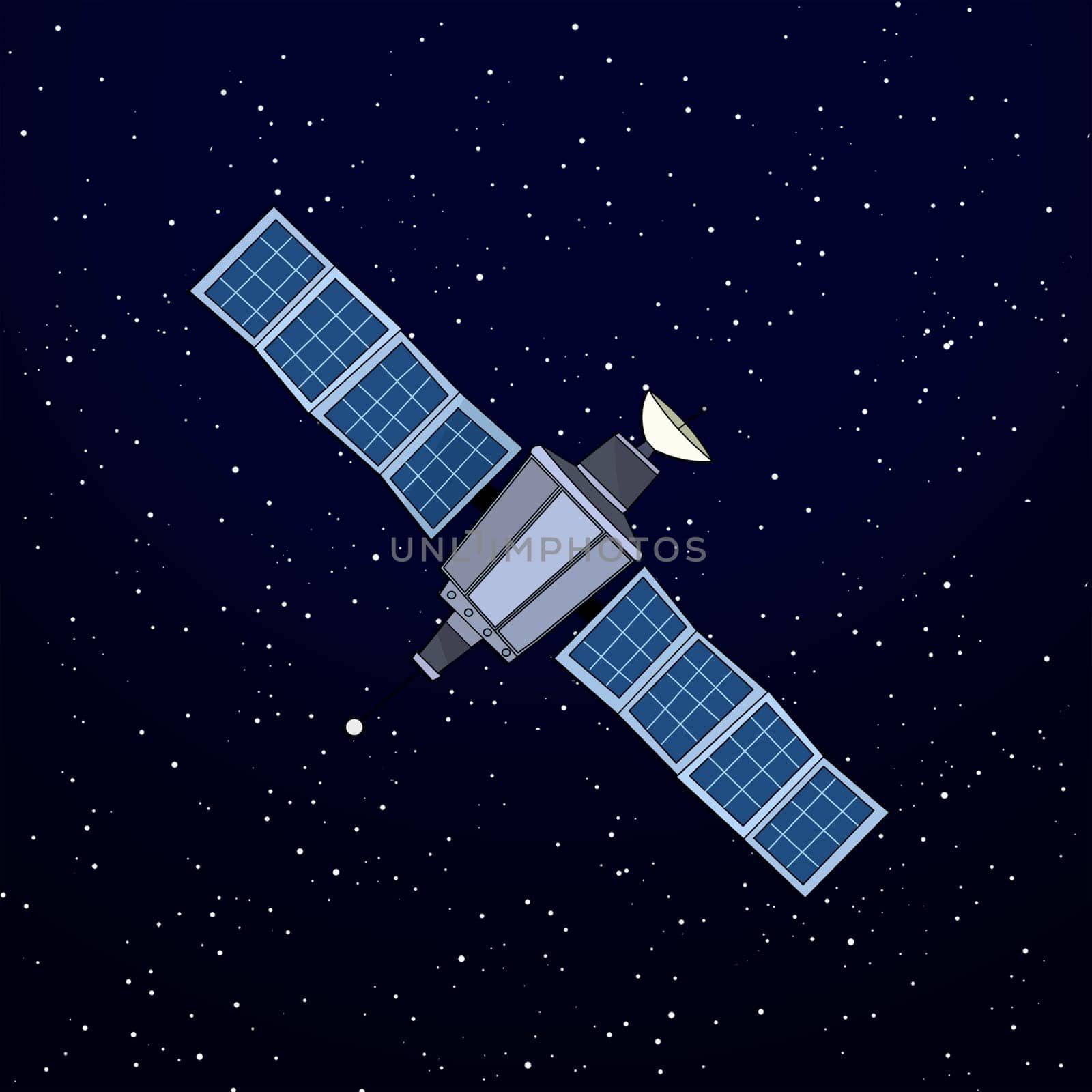 A cartoon satellite floating in space.