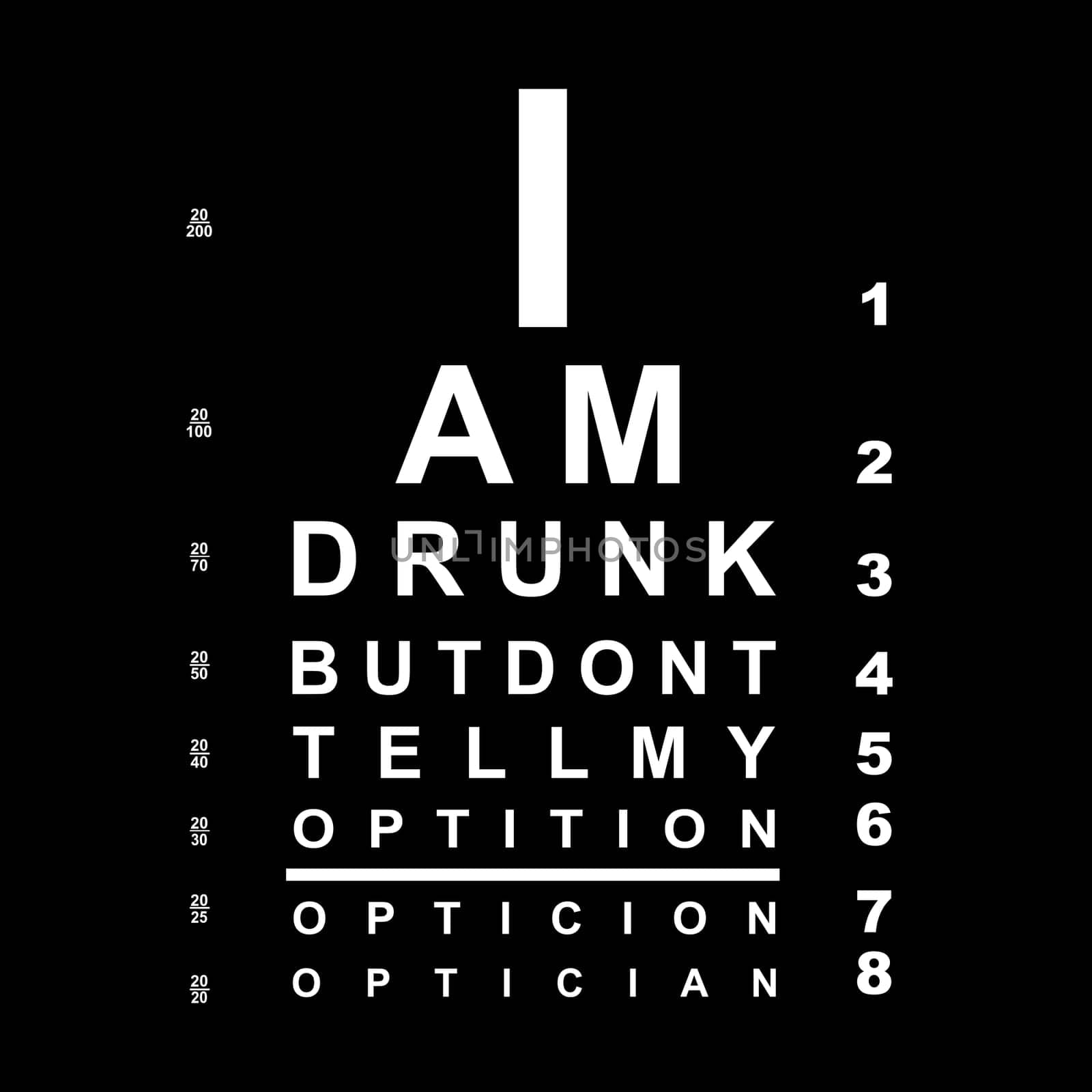 A funny drunk eye chart with the misspelling of optician.
