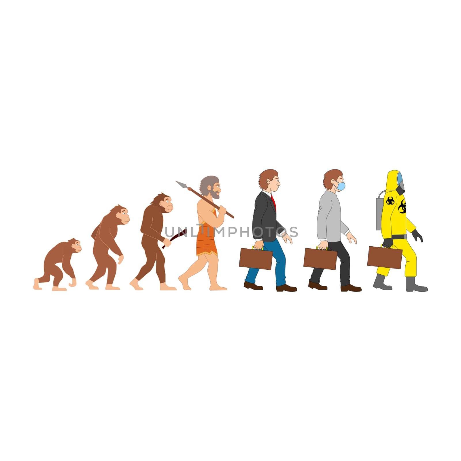 The human evolution from times of monkey to future of hazard suits.