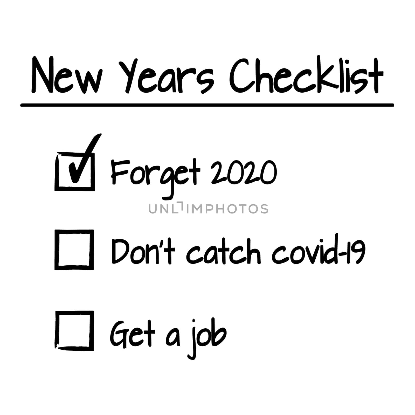 A funny new years checklist with boxes.