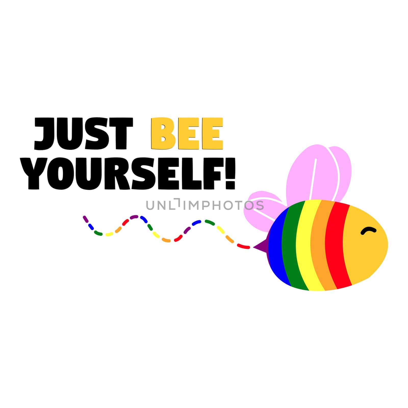 A colorful gay pride bee with the text "Just bee yourself".