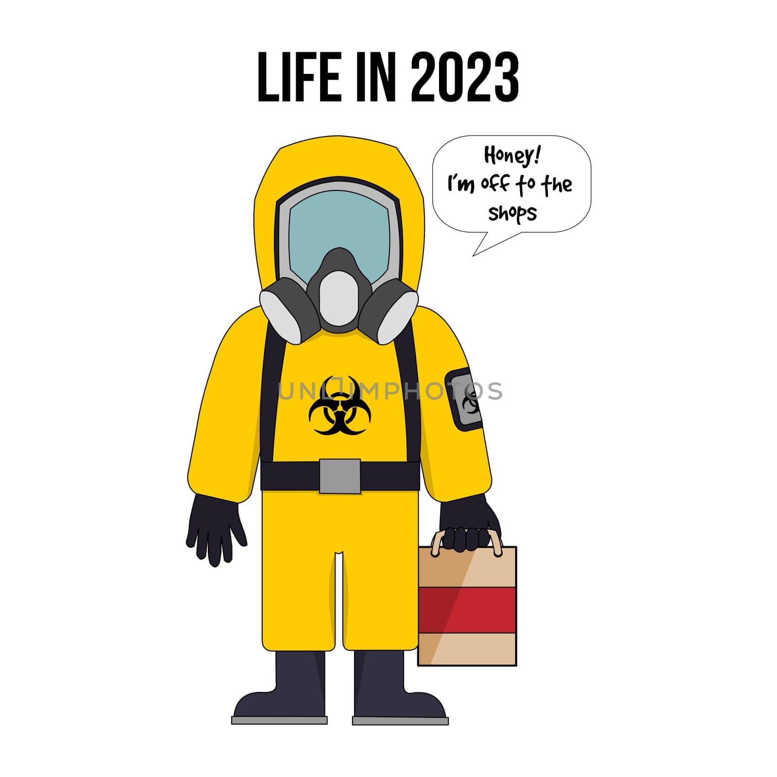 A person holding a carrier bag going to the shops wearing a hazard suit with the text "life in 2023".